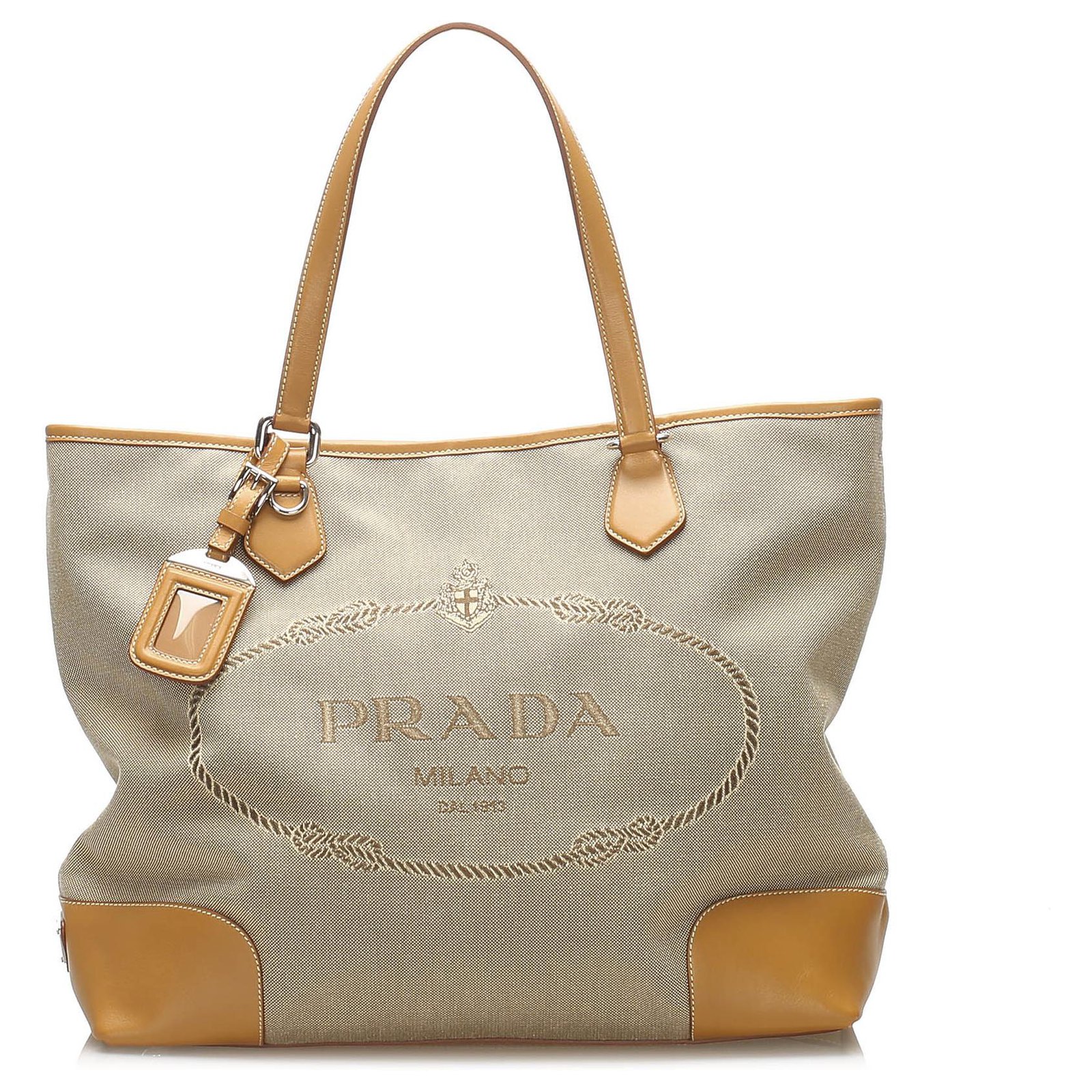 Prada Beige/Brown Canapa Canvas and Leather Tote