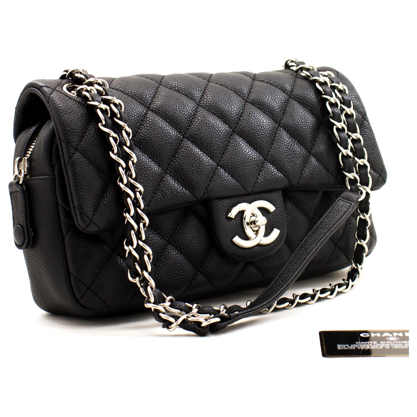 CHANEL Caviar Chain Shoulder Bag Black Quilted Flap Leather Silver