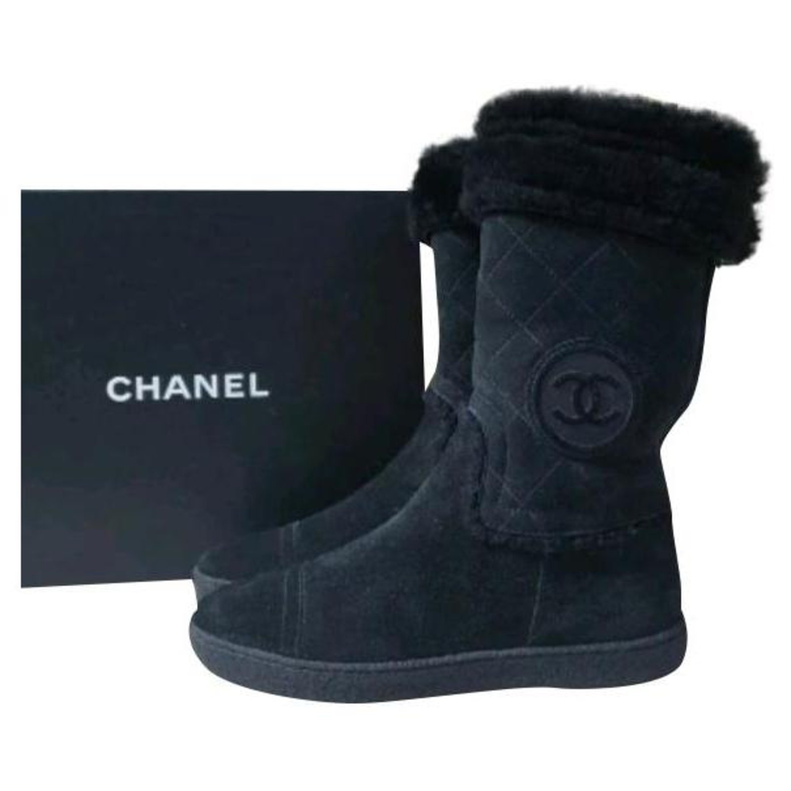 Chanel Black Suede CC Logo Winter Boots Sz. 36,5 ref.249656 - Joli Closet