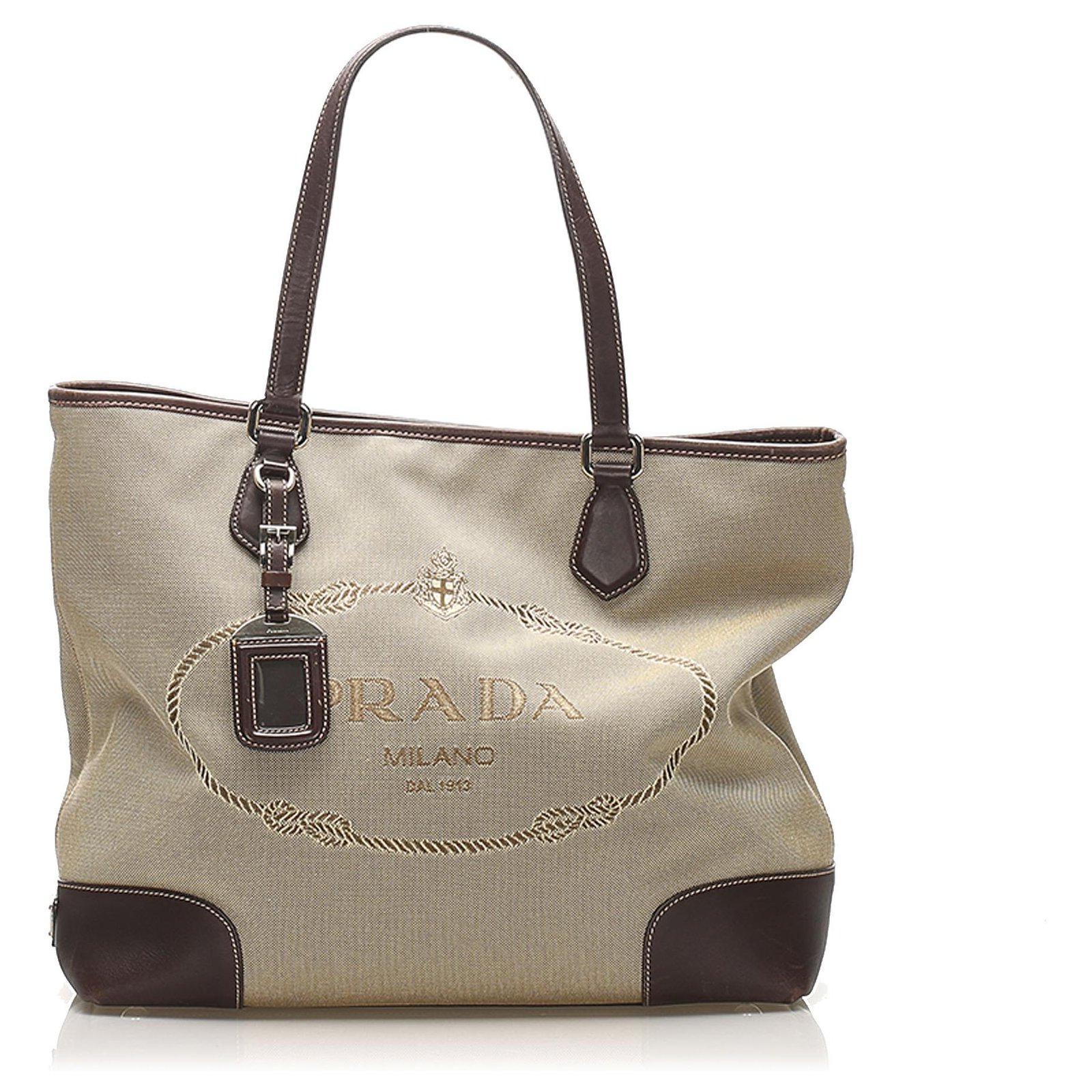 Prada Brown Canapa Canvas Tote Bag Beige Dark brown Leather Cloth  Pony-style calfskin Cloth ref.250456 - Joli Closet