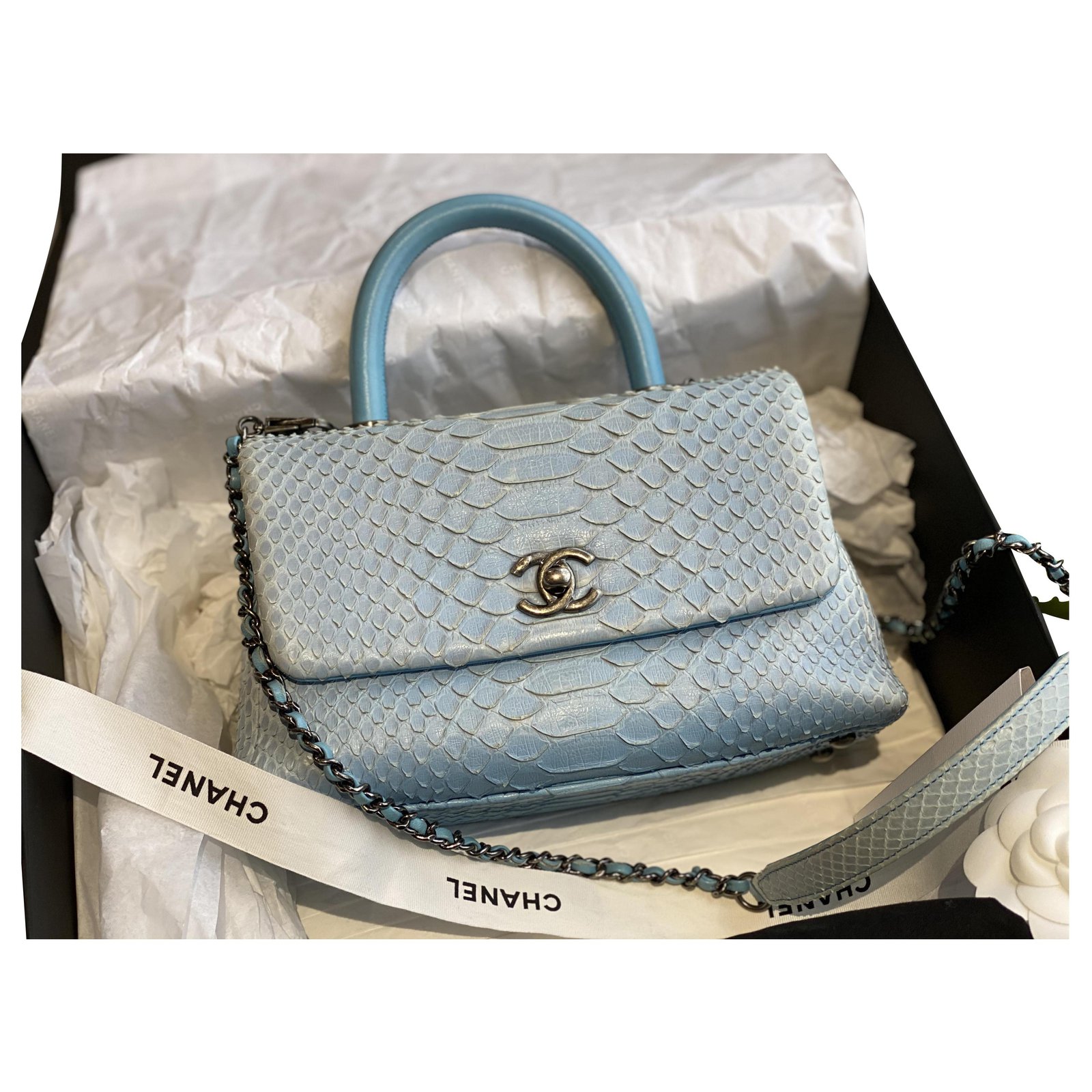 Chanel Coco handle small Blue Silver hardware Python ref.251205 - Joli  Closet