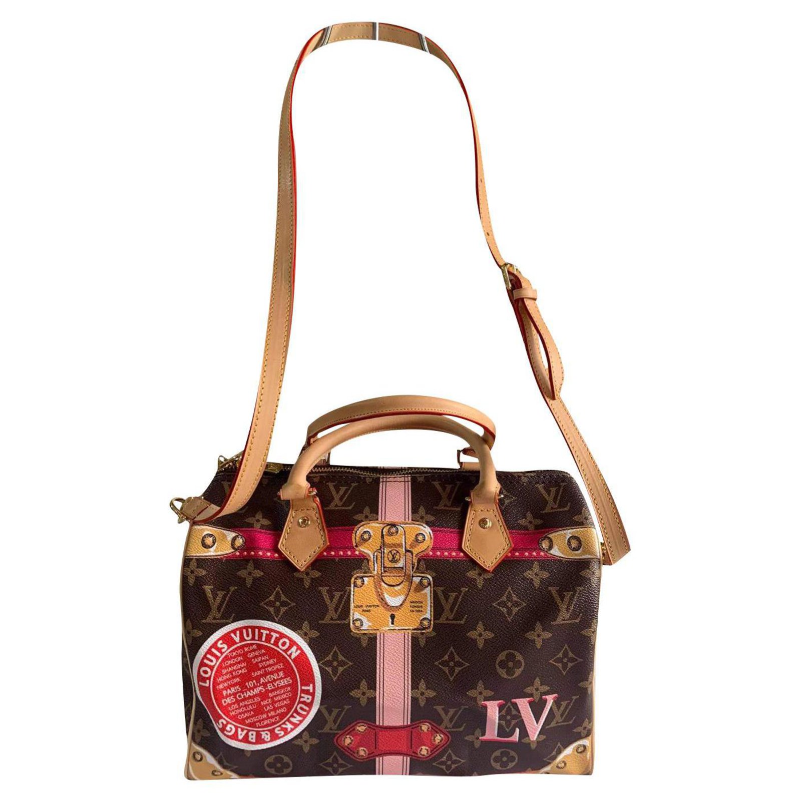 Louis Vuitton speedy summer Trunk Brown Pink Red Golden Leather ref.251311  - Joli Closet