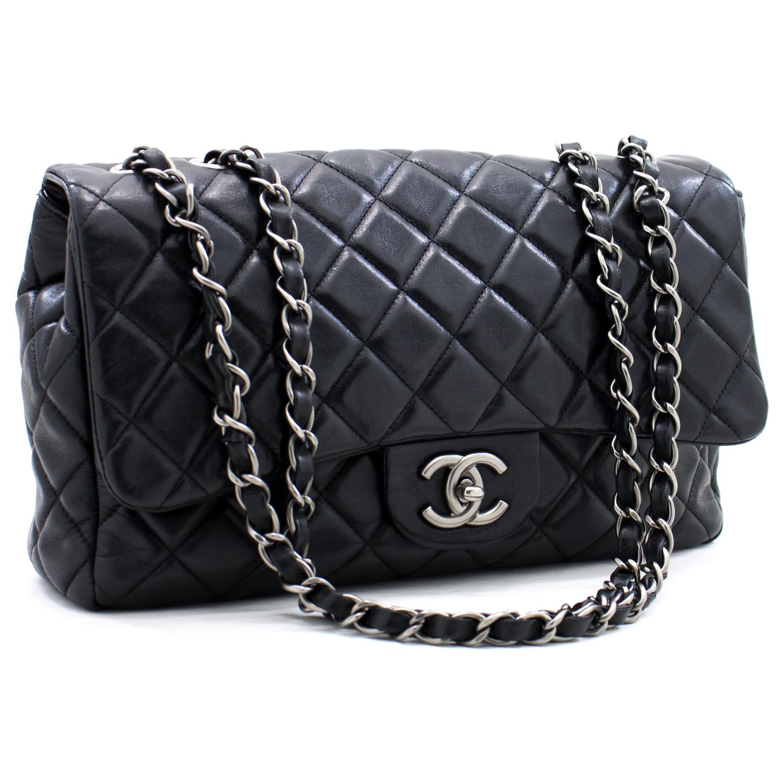 Chanel 2009 Single Flap Chain Shoulder Bag Black Quilted Leather