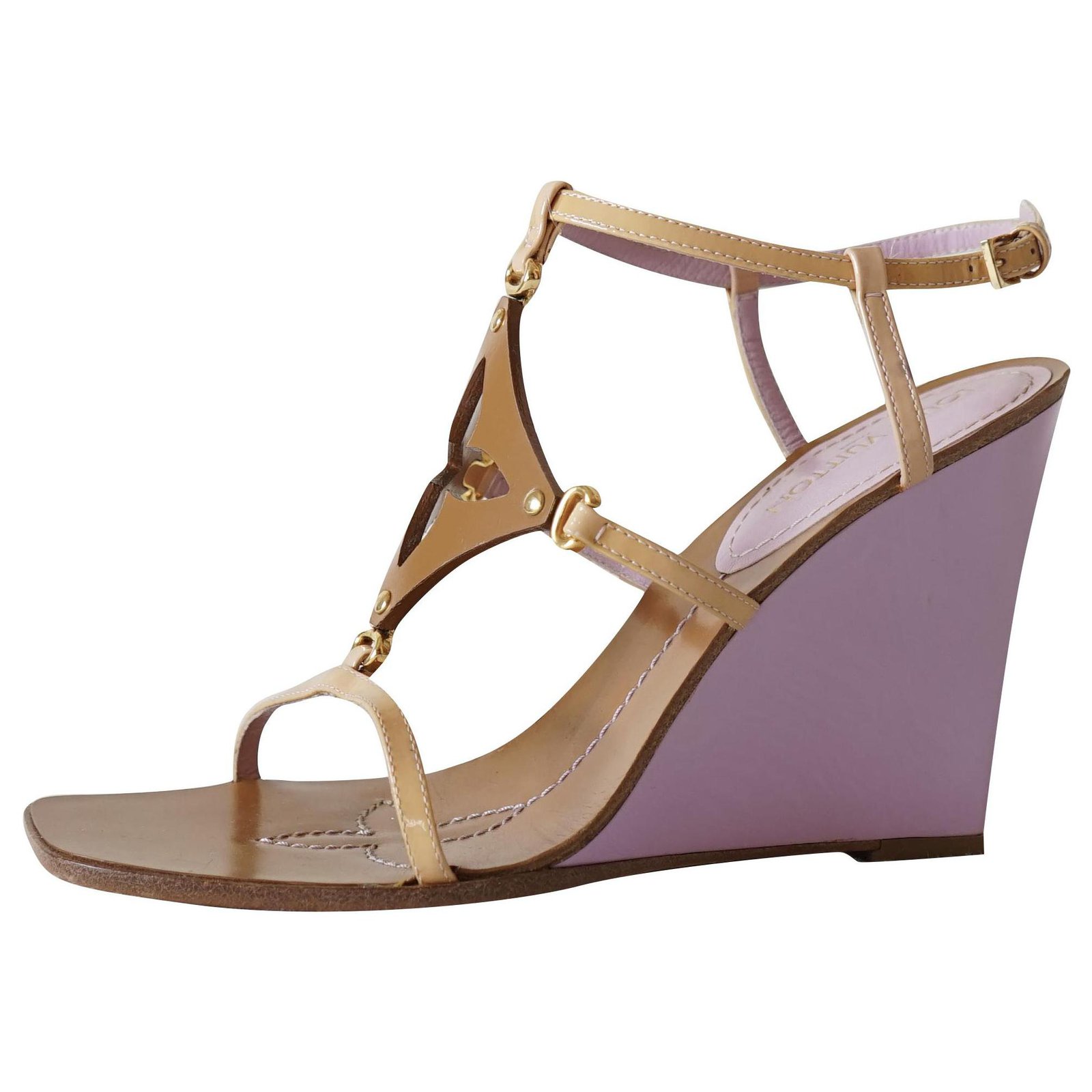Louis Vuitton Sandals Pink Beige Caramel Leather Patent leather