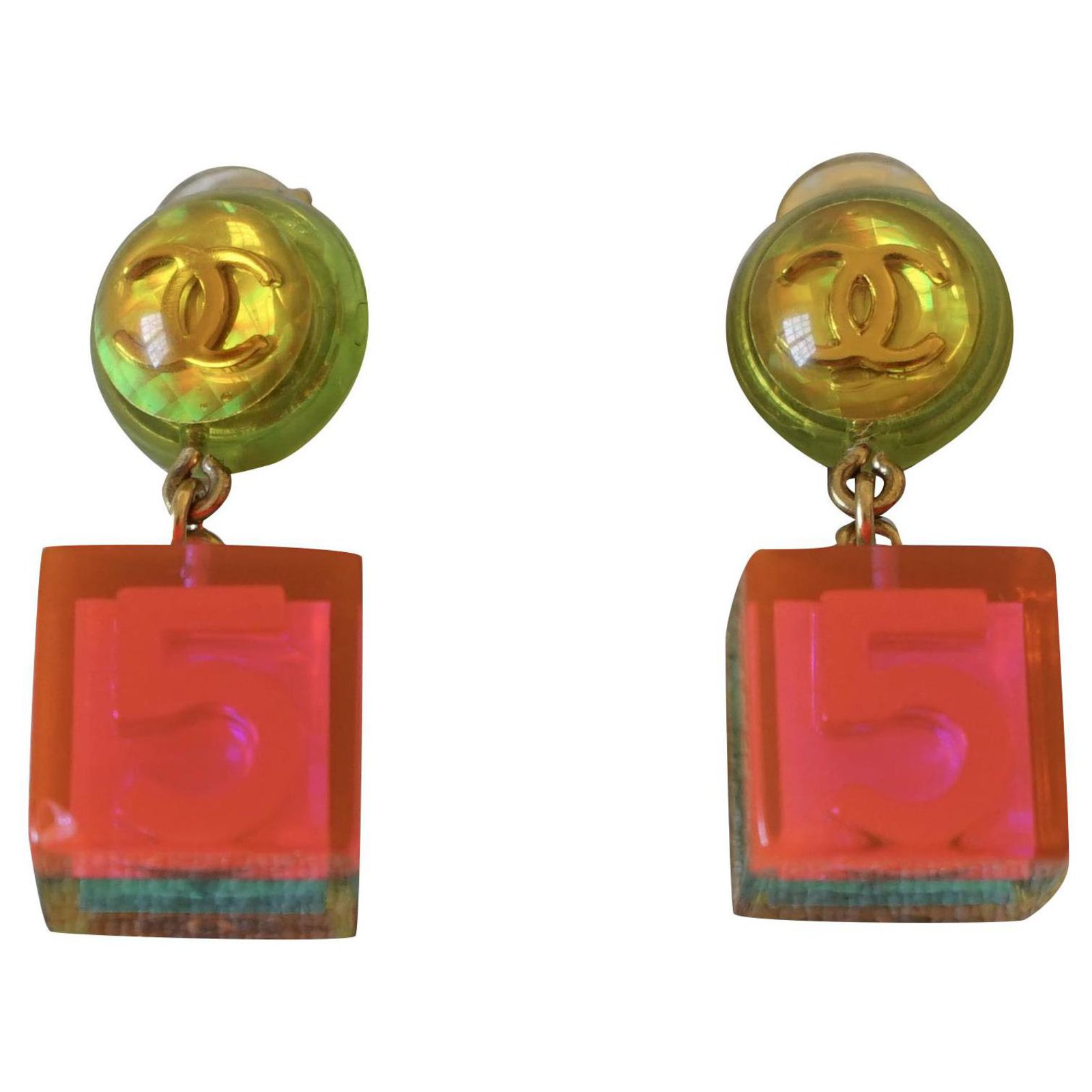 Vintage 1997 CHANEL NO.5 Logo Cube Lucite Lucite Earrings