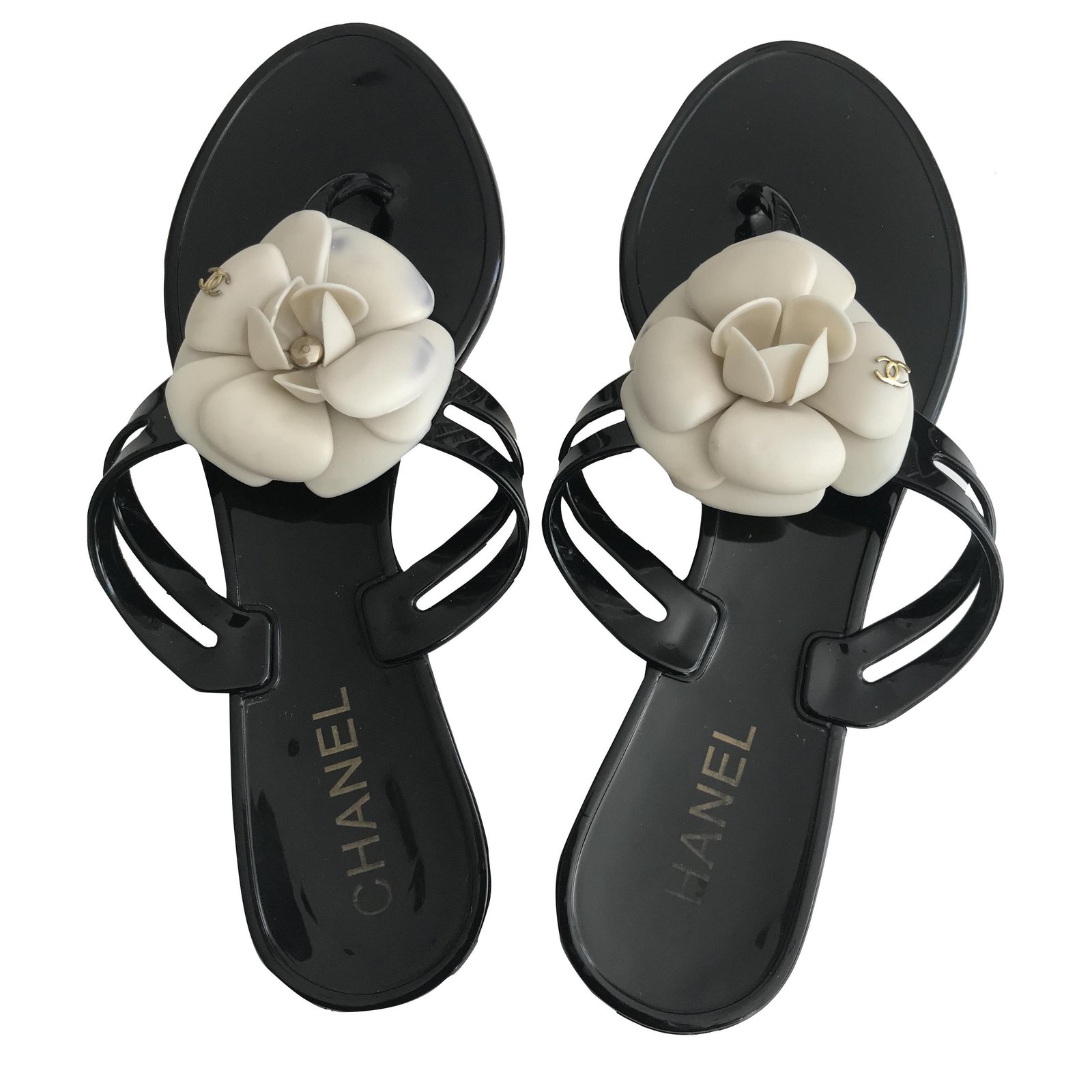 Chanel Camelia Thong Jelly Sandals Black Plastic ref.253614 - Joli Closet