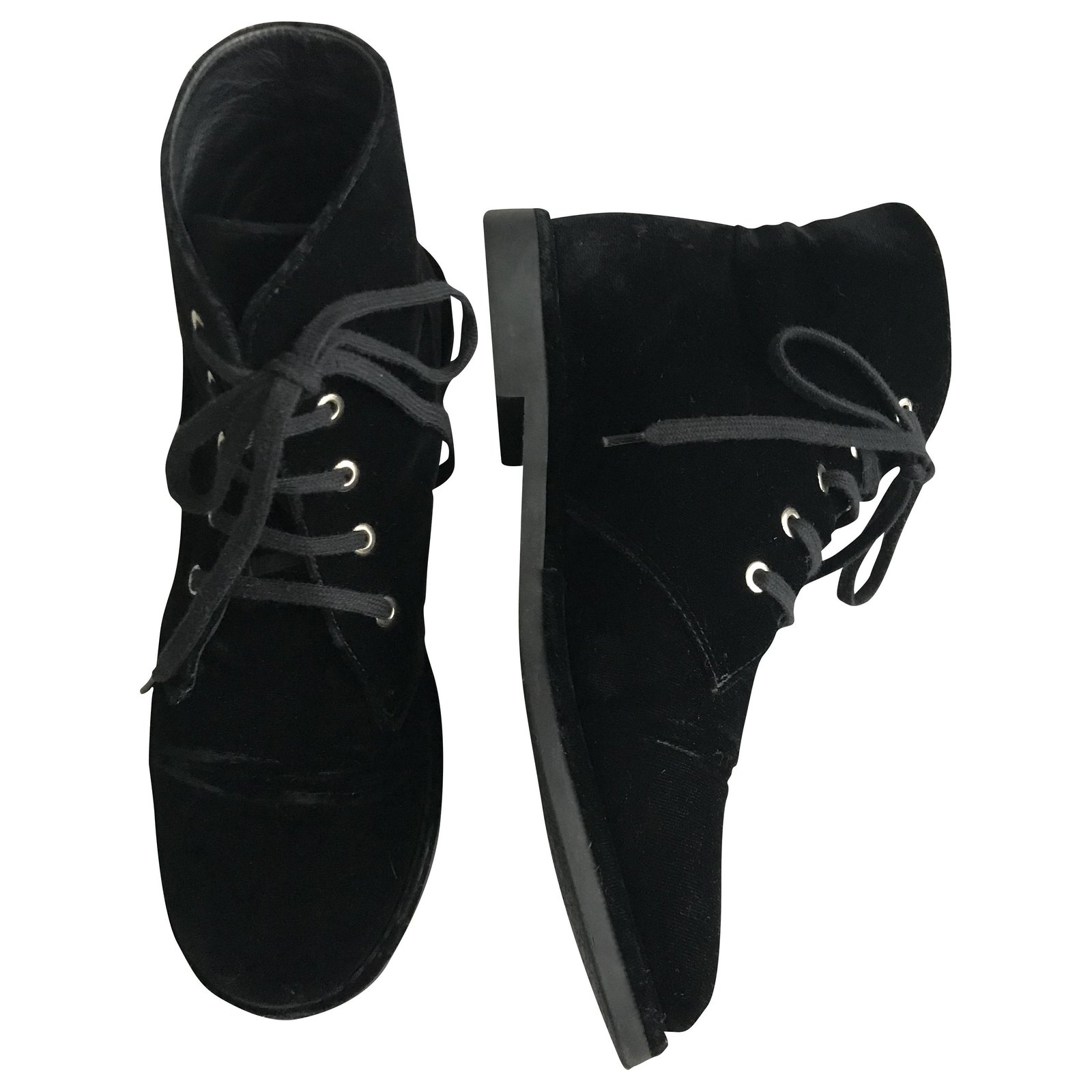 Chanel Velvet Combat Boots Black Leather Rubber ref.254874 Joli Closet