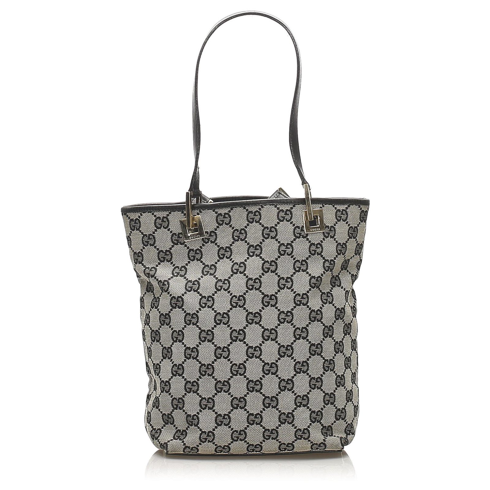 Gucci Gray GG Canvas Tote Bag Black Grey Leather Cloth Pony-style ...