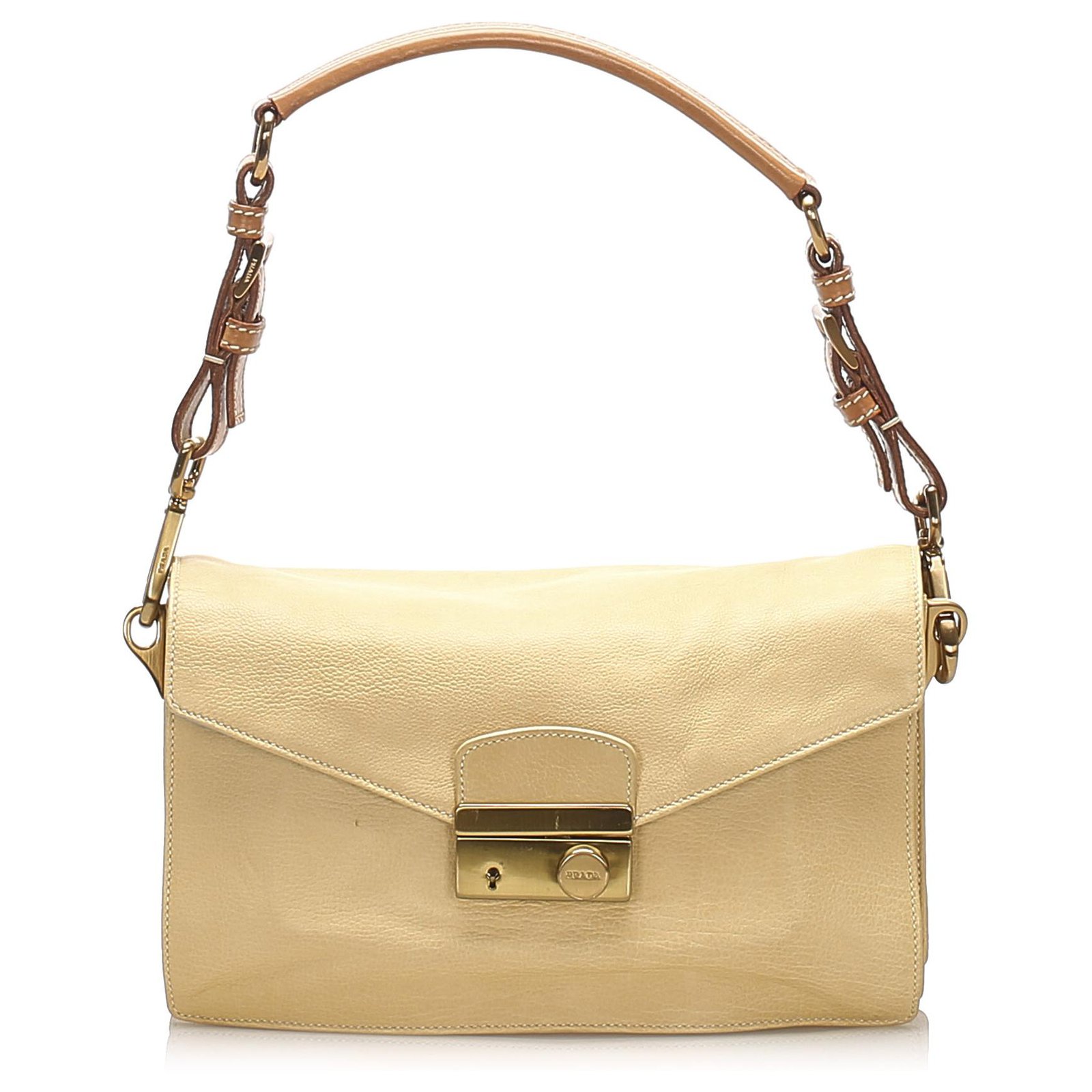Prada Brown Sound Lock Leather Shoulder Bag Beige Metal Pony