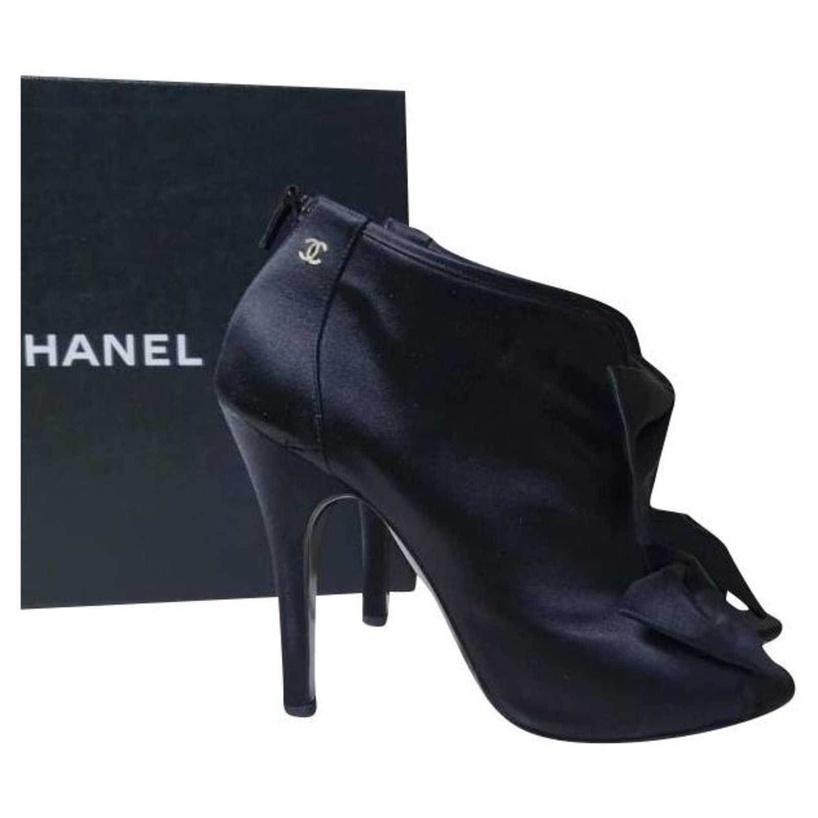 Ankle Boots Chanel Chanel Black Satin CC Logo Booties Sz.40 Size 40 FR