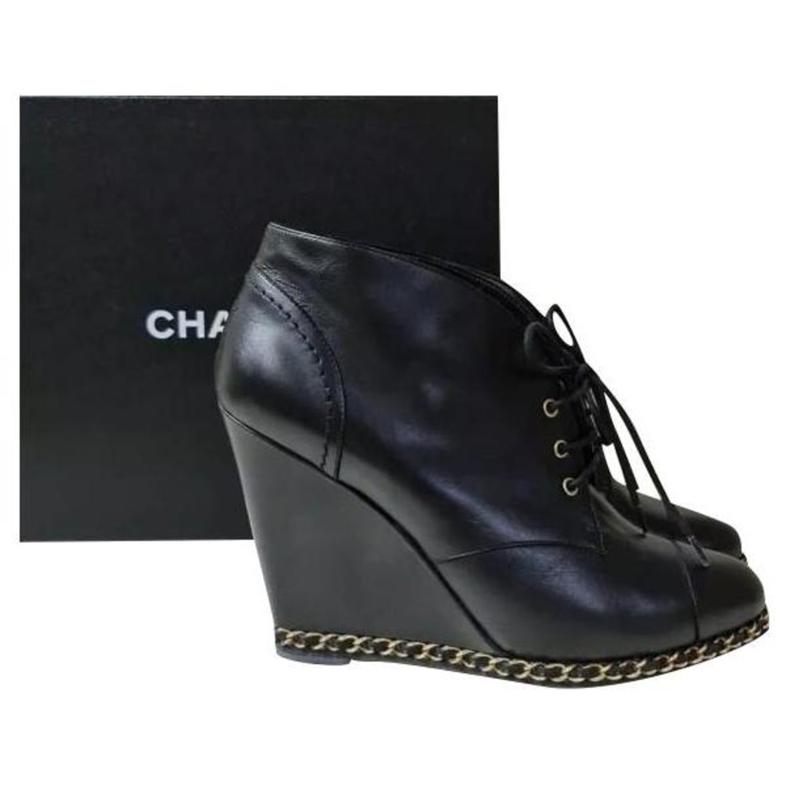 Chanel Black Leather Chain Lace Up Wedges Booties Sz.40