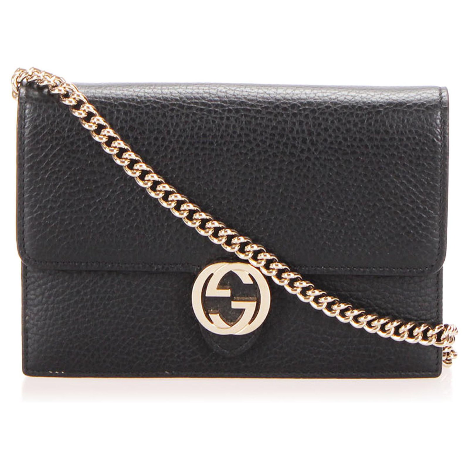 Gucci Black Interlocking G Leather Wallet On Chain Metal Pony-style ...