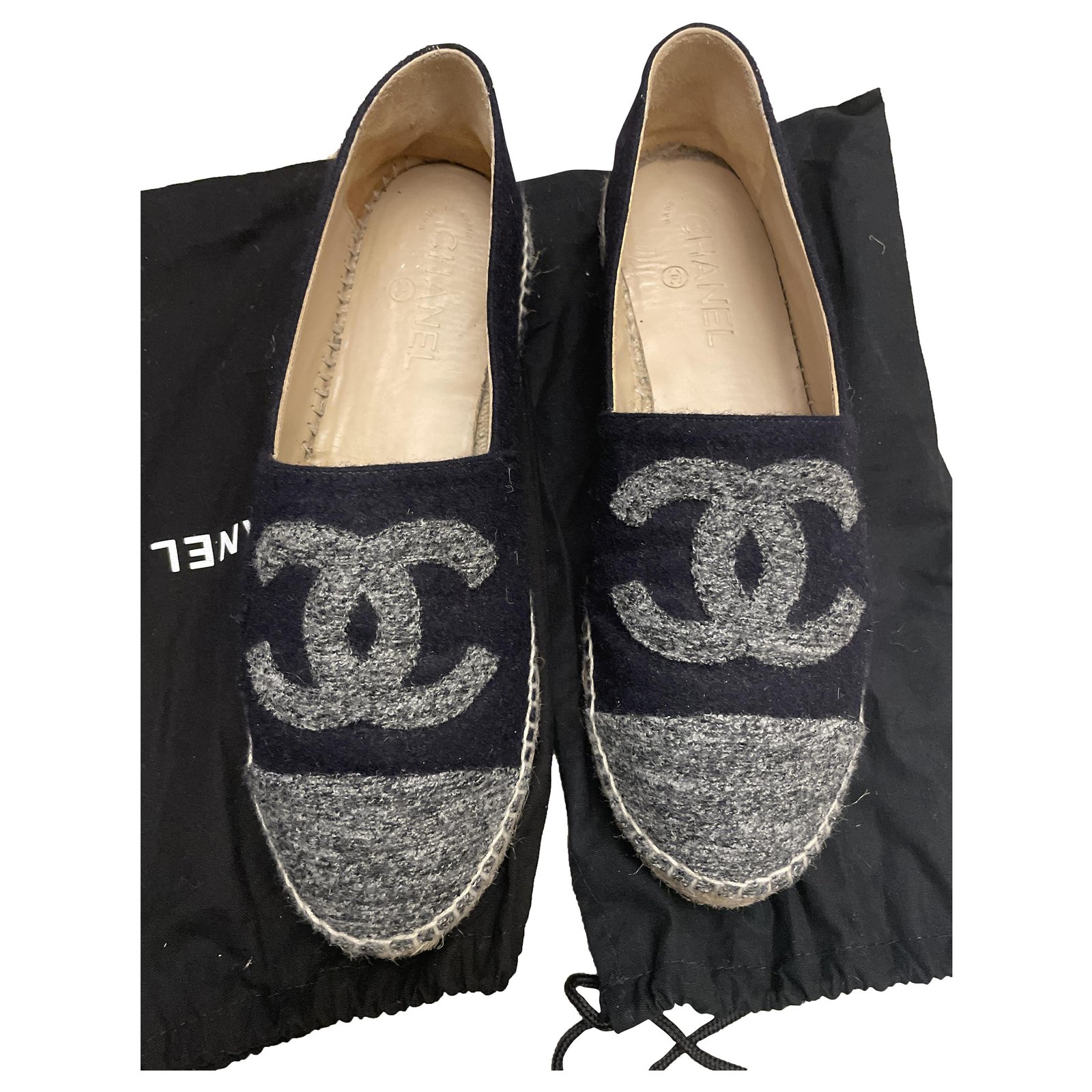 CHANEL CC Logo navy lambskin leather jute espadrilles shoes EU38 US8 at  1stDibs