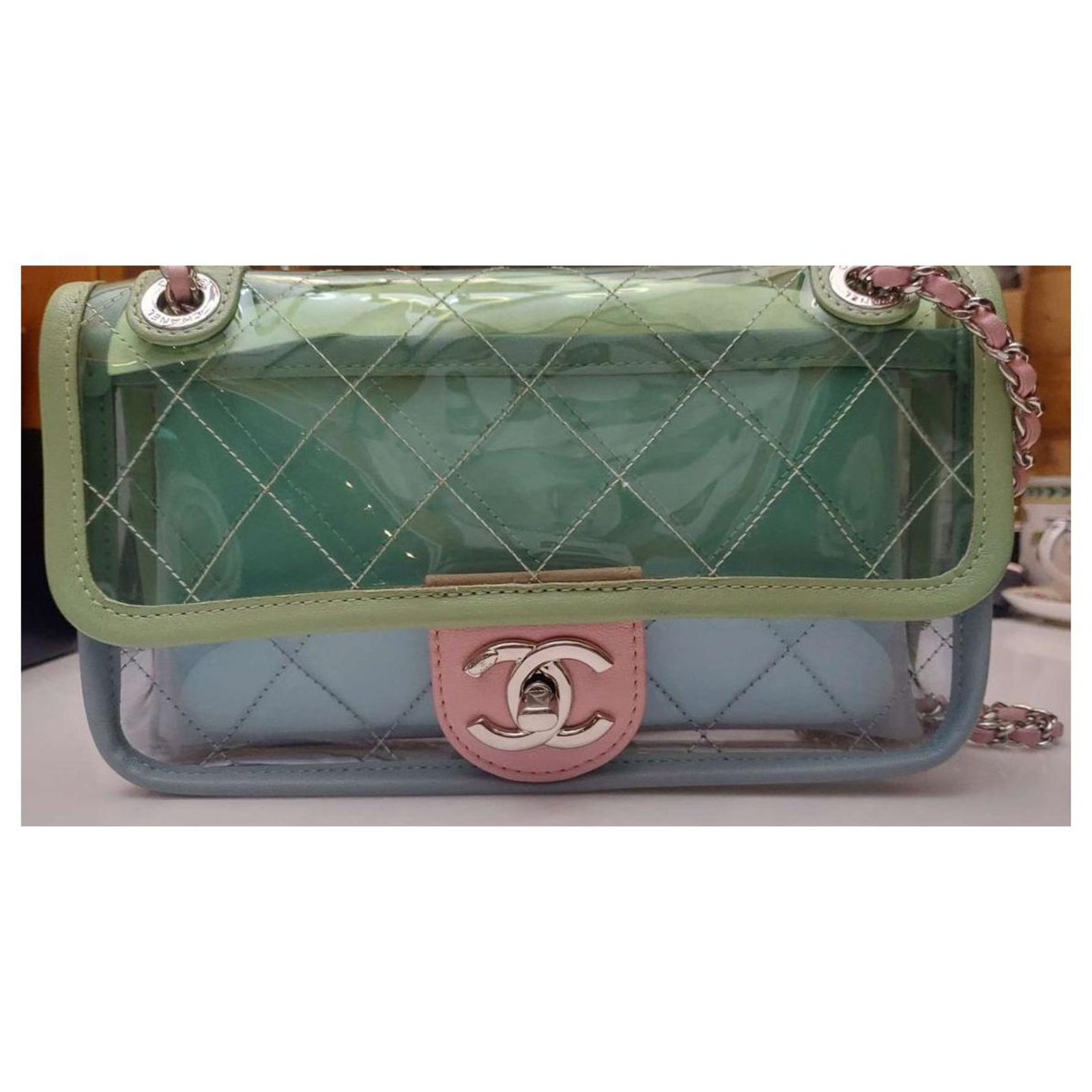 Chanel Coco Splash Transparent Flap Bag PVC / Lambskin Bag Silvery Pink  Light green Light blue Leather  - Joli Closet