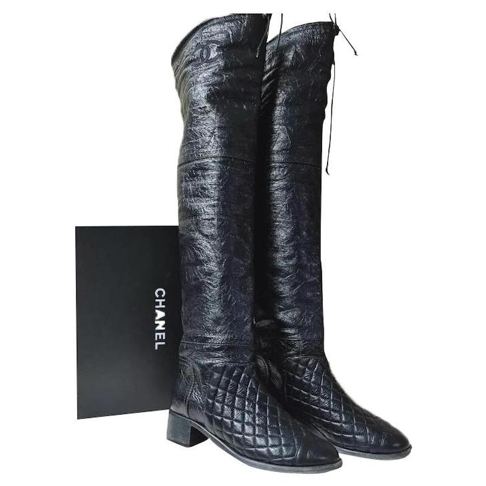 CHANEL 15B Lambskin Leather Tall Over The Knee High Wedge Heel Boots Black  2400  eBay