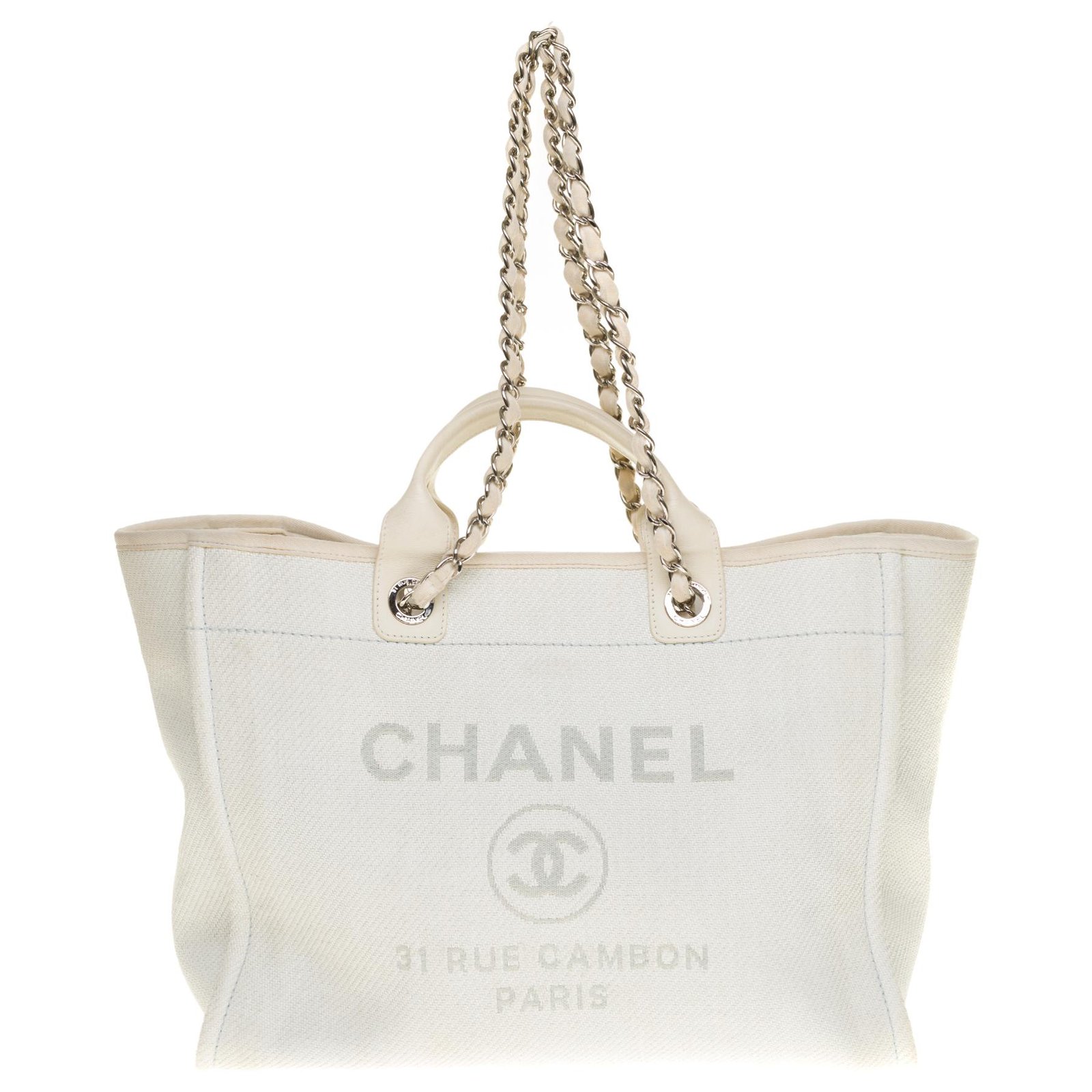 Very beautiful Chanel Deauville Cabas bag in canvas and white, Garniture en  métal argenté