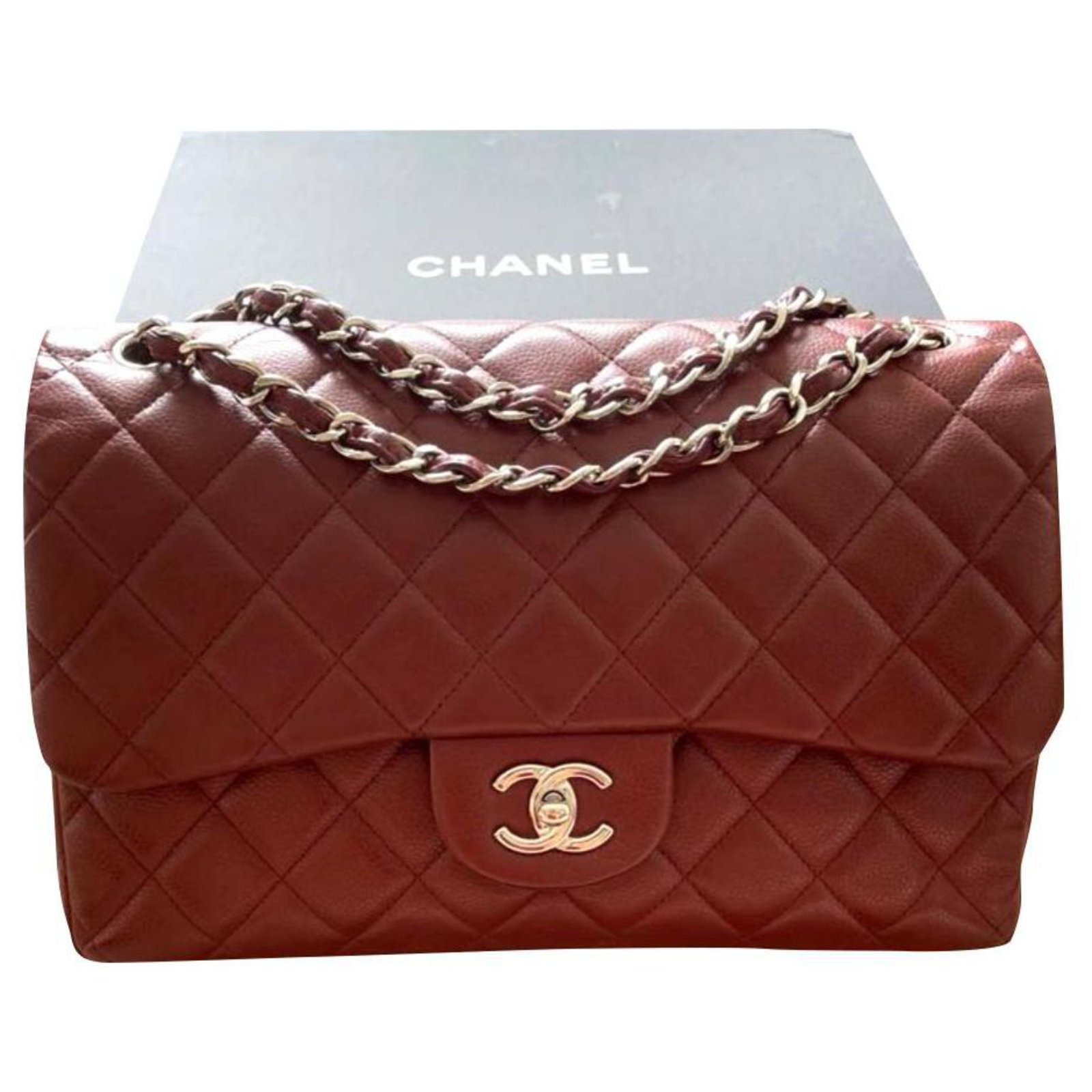 Chanel red Caviar Jumbo Timeless classic flap bag Dark red Leather