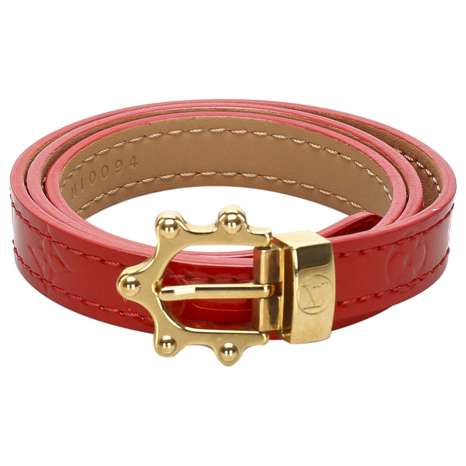 Louis Vuitton Bracelet Animal Motif Leather Rhinestone Gold Red LV