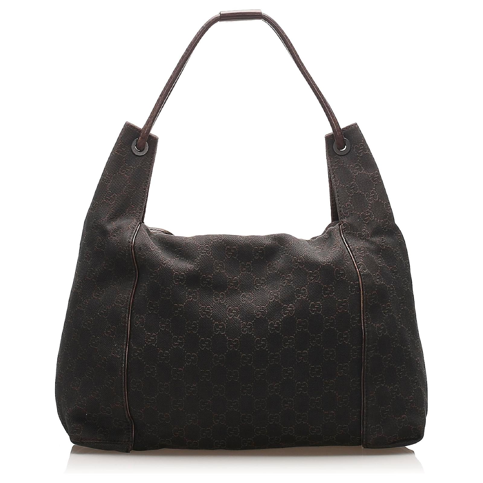 Gucci Black GG Canvas Shoulder Bag Leather Cloth Ponystyle calfskin