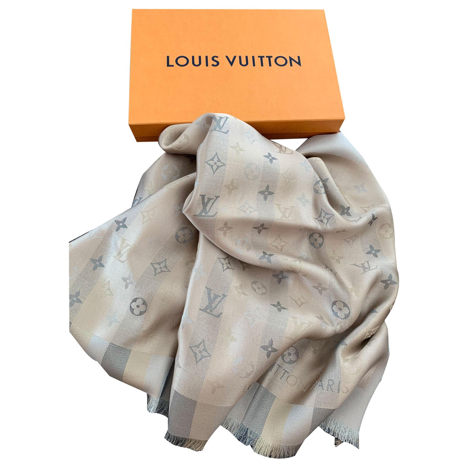 Louis Vuitton Beige Logo Monogram Wool & Silk Shine Shawl Louis