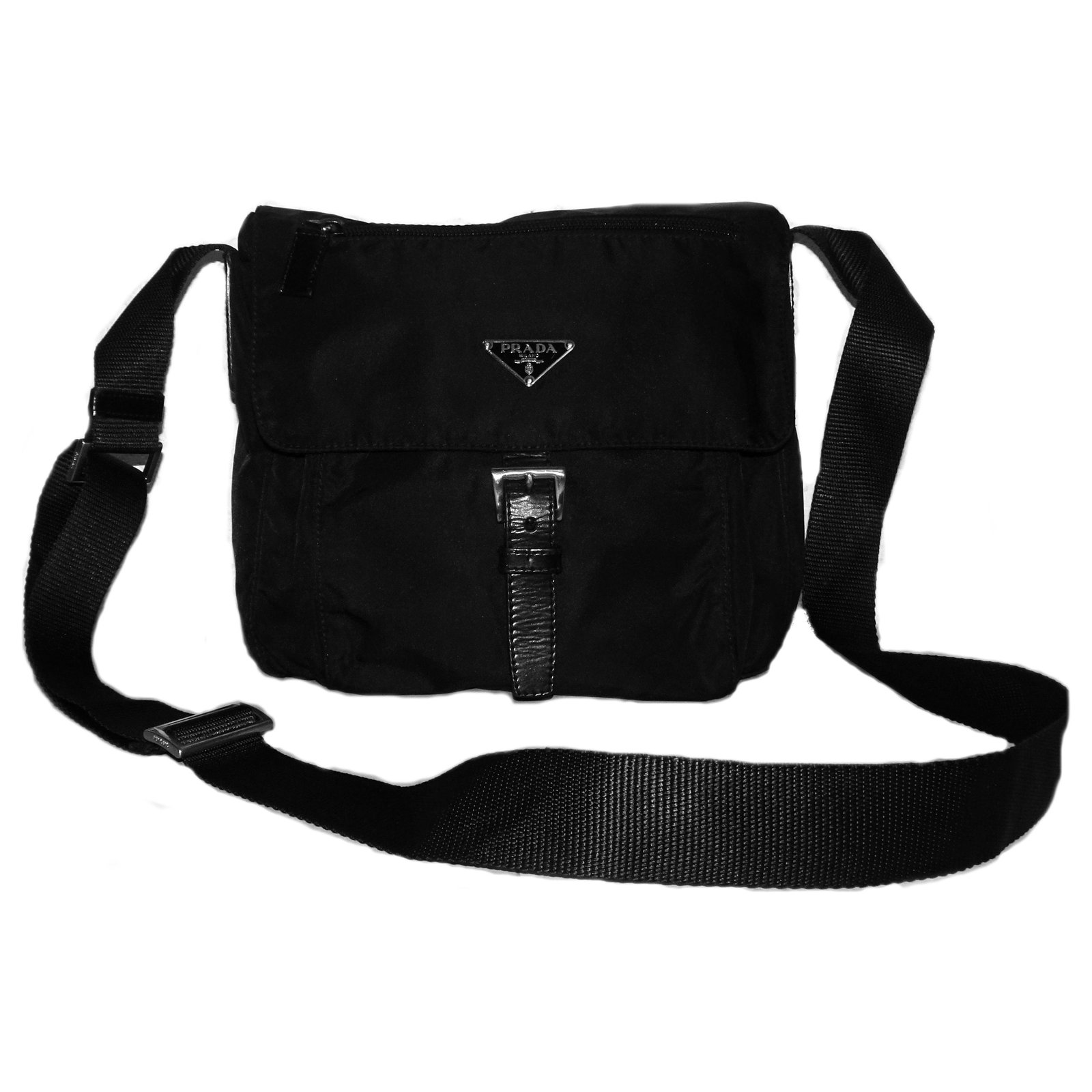 PRADA SMALL NYLON CROSSBODY BAG Black Leather Metal Cloth  - Joli  Closet