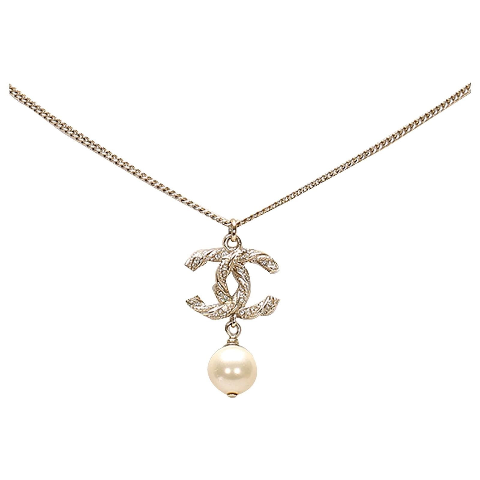 Chanel Silver CC Faux Pearl Necklace