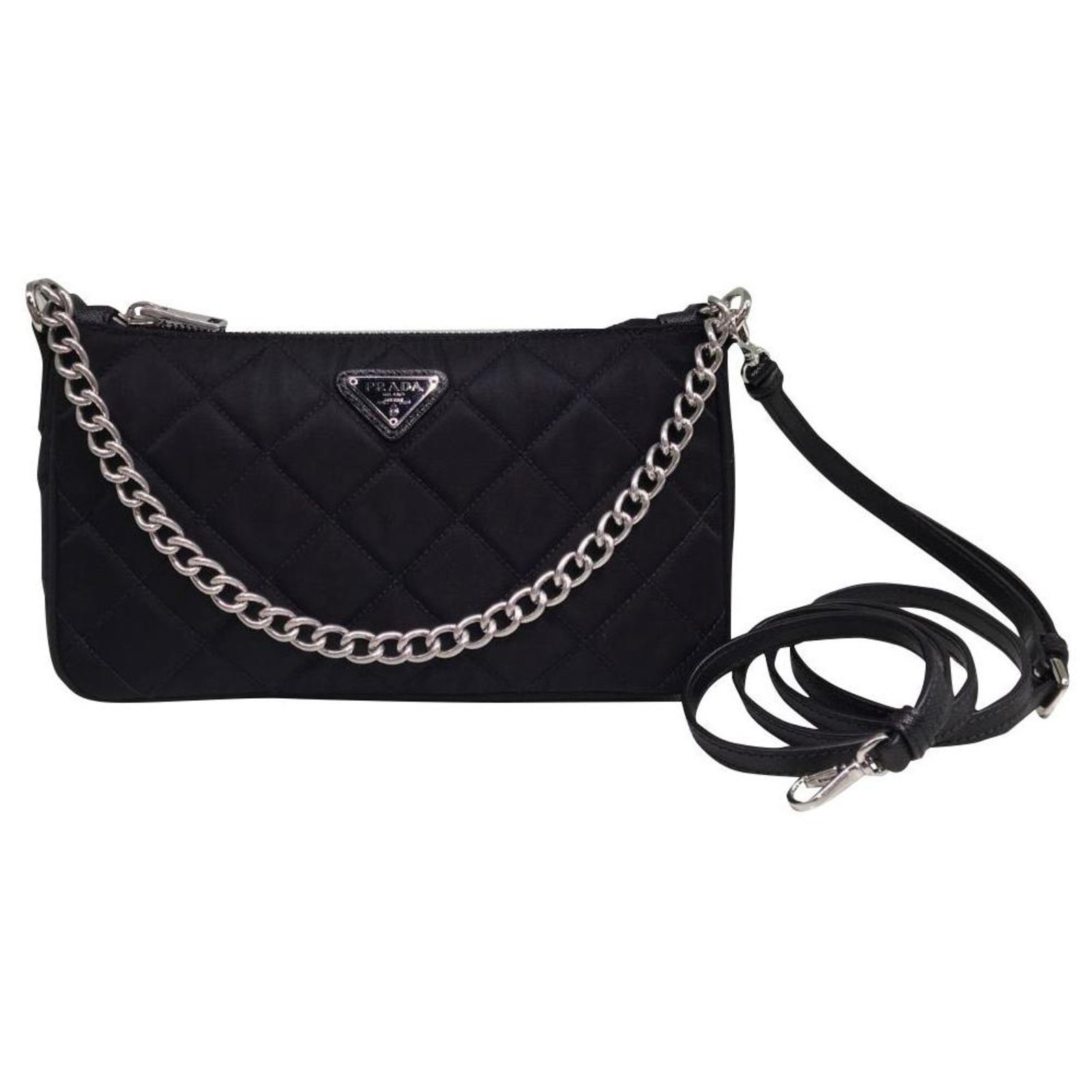 Prada Black Tessuto Nylon Quilted Chain Crossbody Bag 1BH026