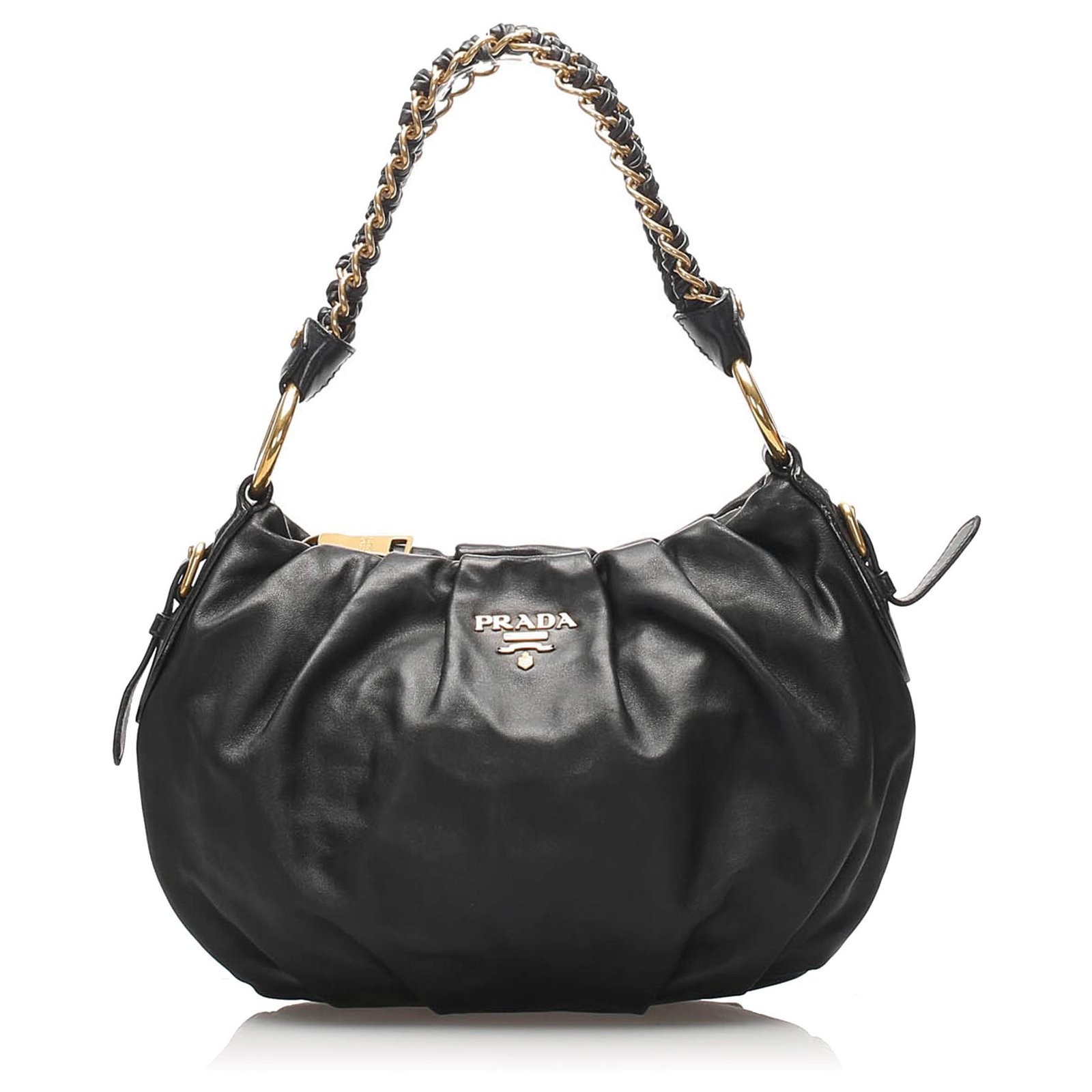Prada Saffiano Chain Lock Shoulder Bag Black Leather Pony-style