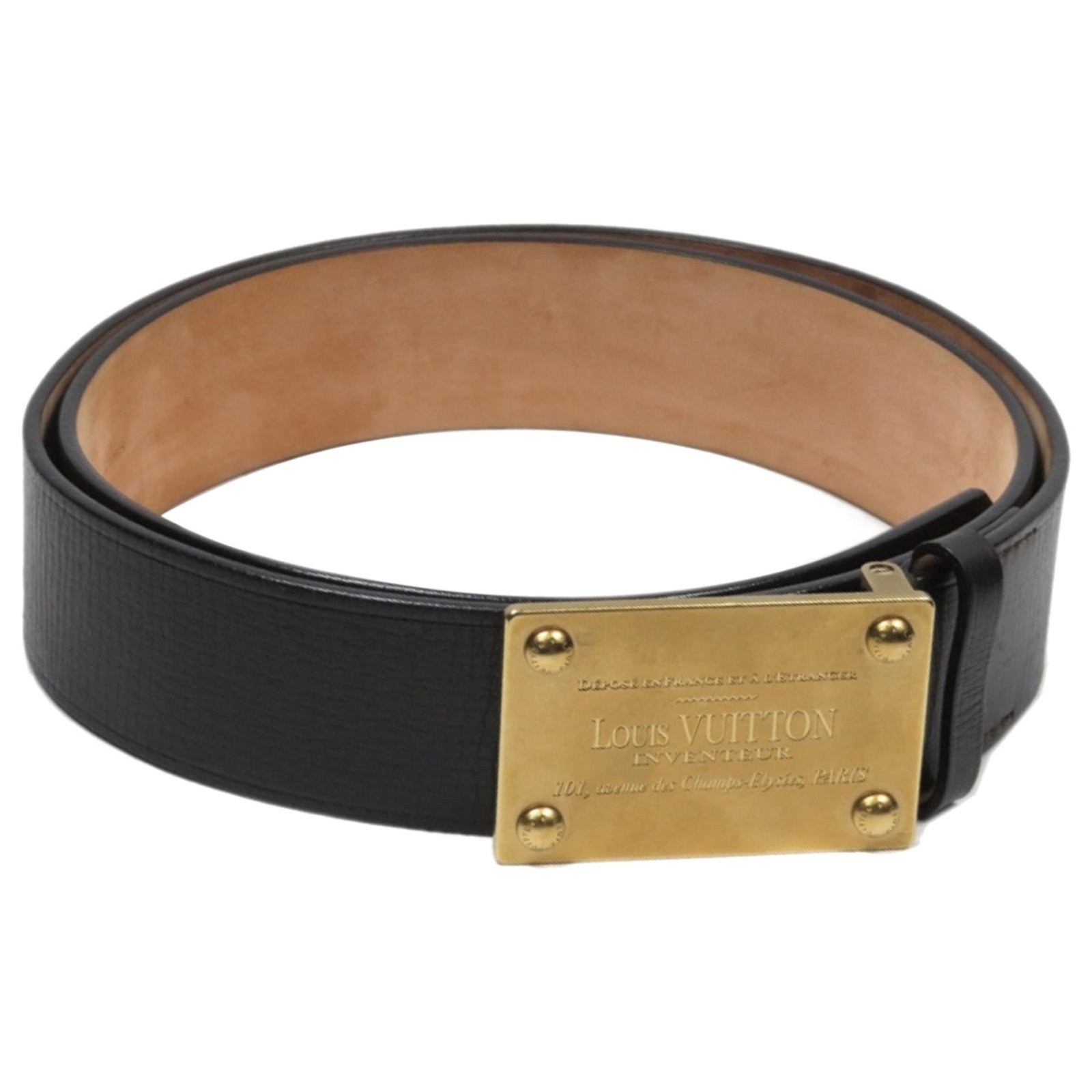 Louis Vuitton Black Inventeur Leather Belt Golden Metal Pony-style