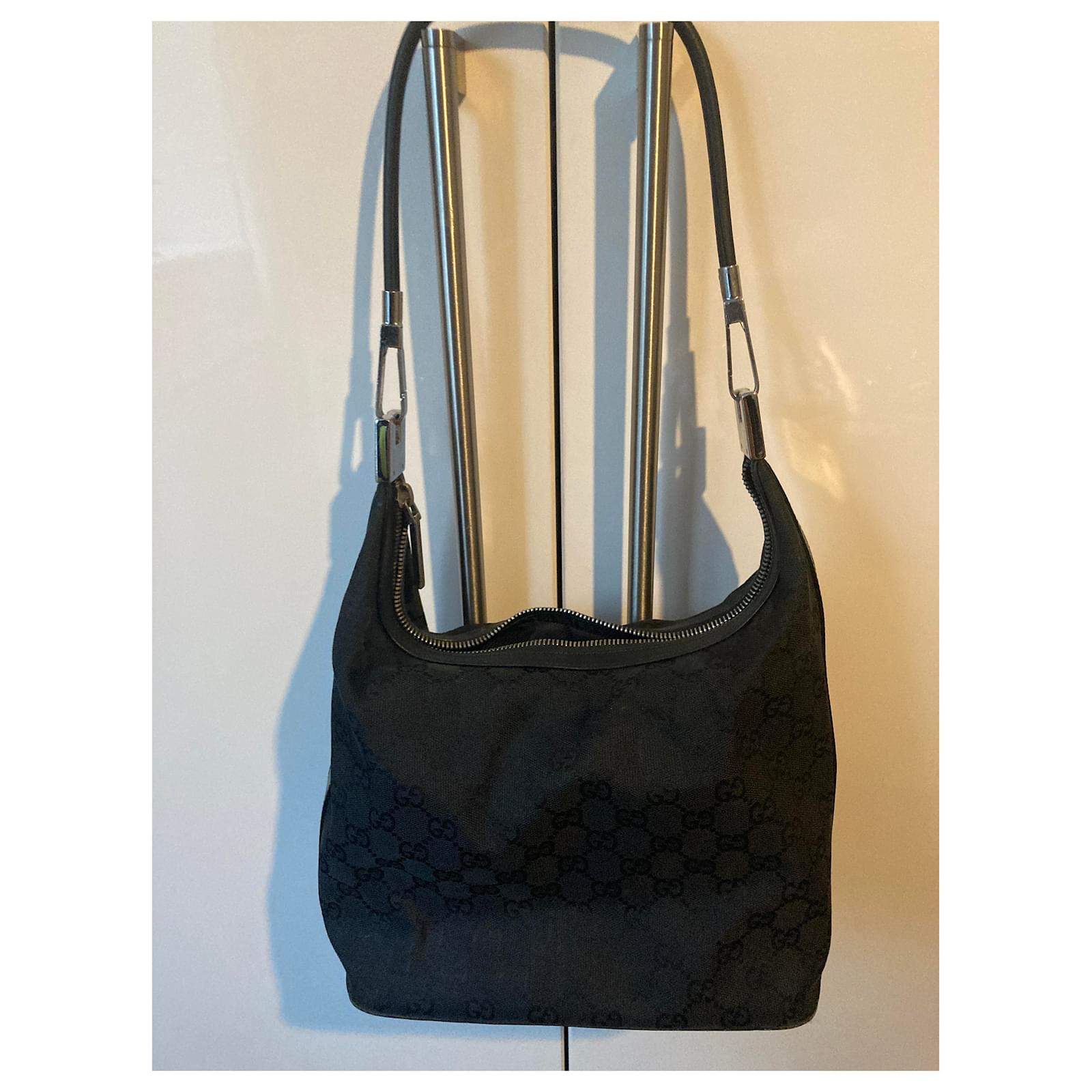 Gucci Black GG Canvas Shoulder Bag Leather Cloth Ponystyle calfskin