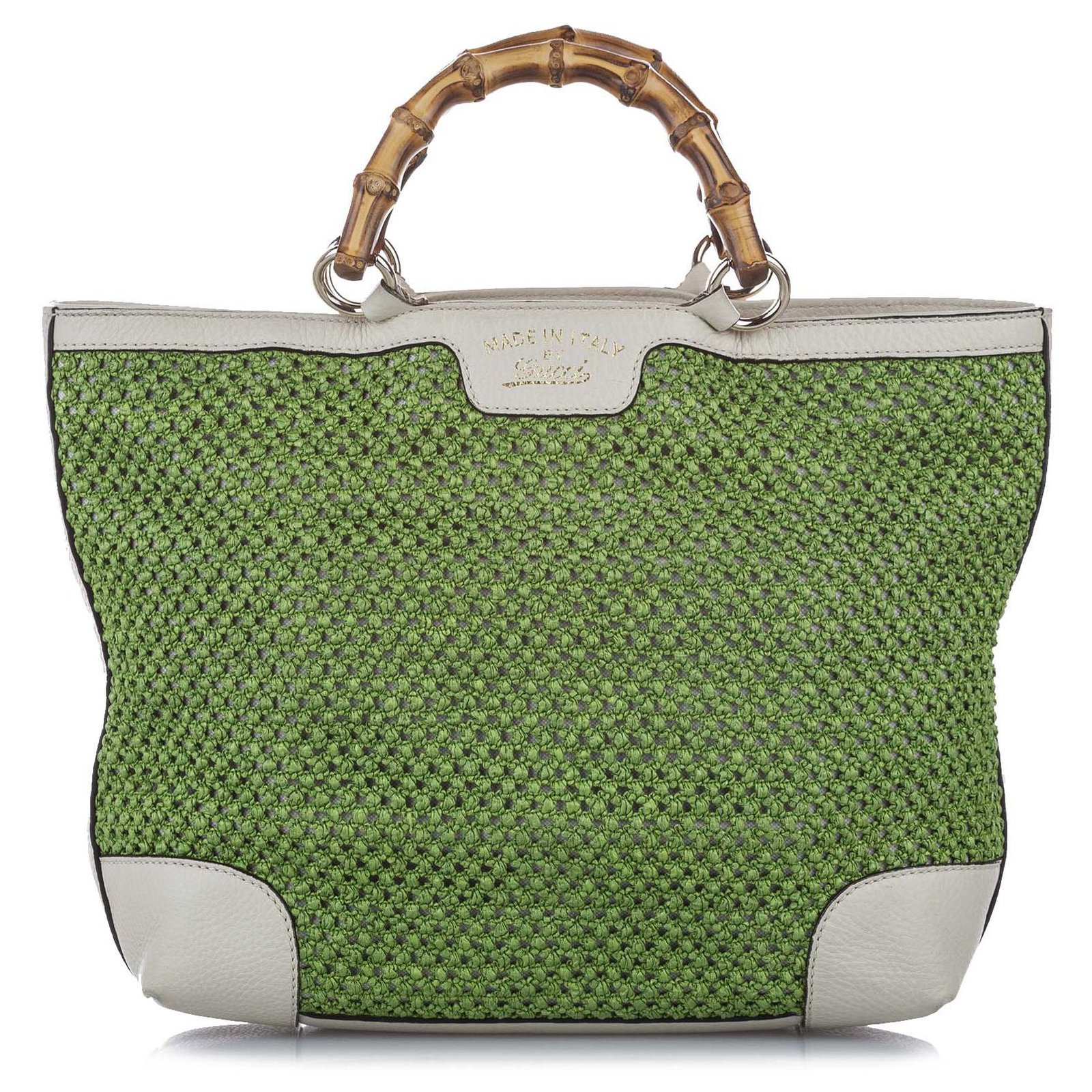 Gucci Green Nylon Bamboo Handbag White Leather Pony-style calfskin
