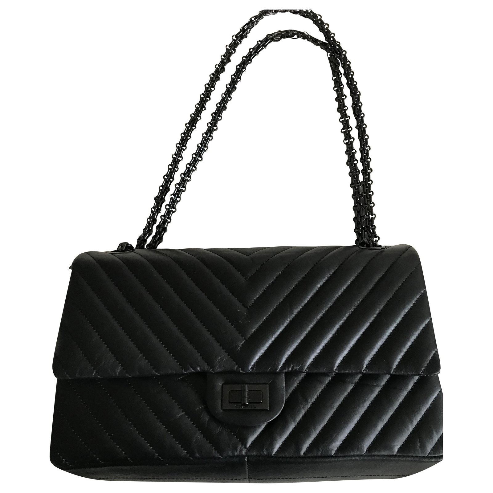 2.55 Chanel Timeless Classic Reissue Chevron SO BLACK Leather ref