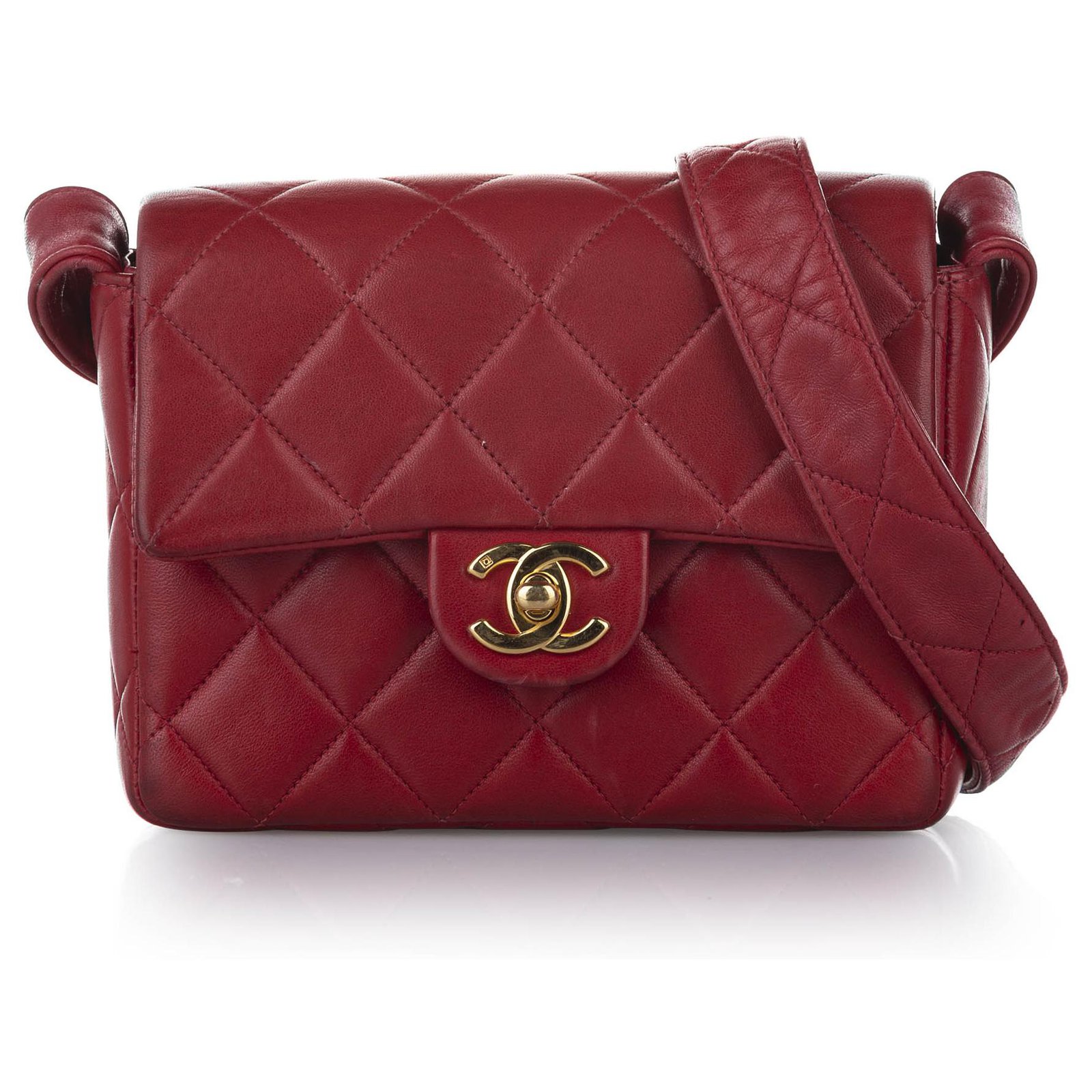 Chanel Red Mini Classic Square Lambskin Leather Flap Bag ref