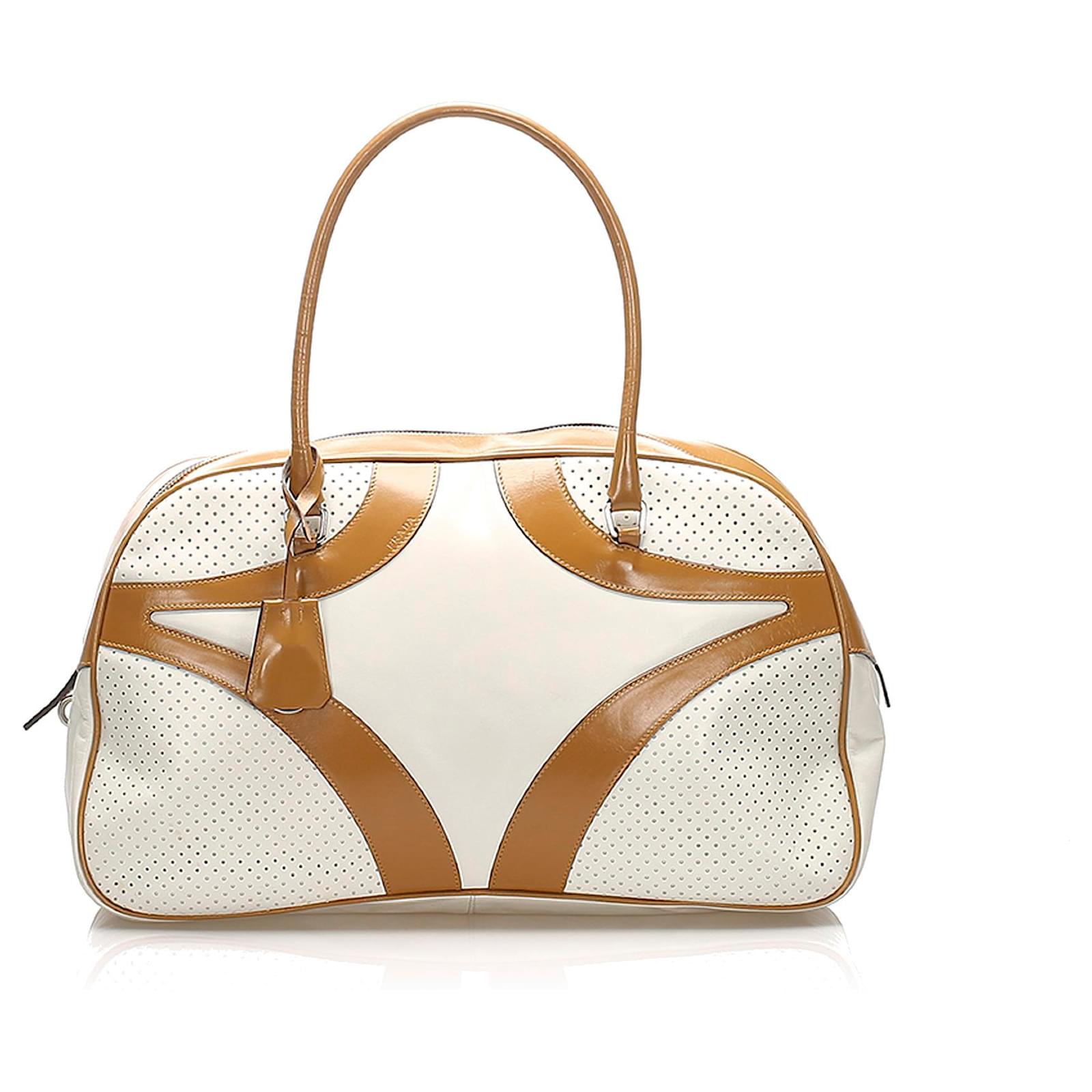 バッグ 00s vintage prada vitello drive handbag Rare Vintage Prada Vitello Drive Perforated Bowling Hand Bag