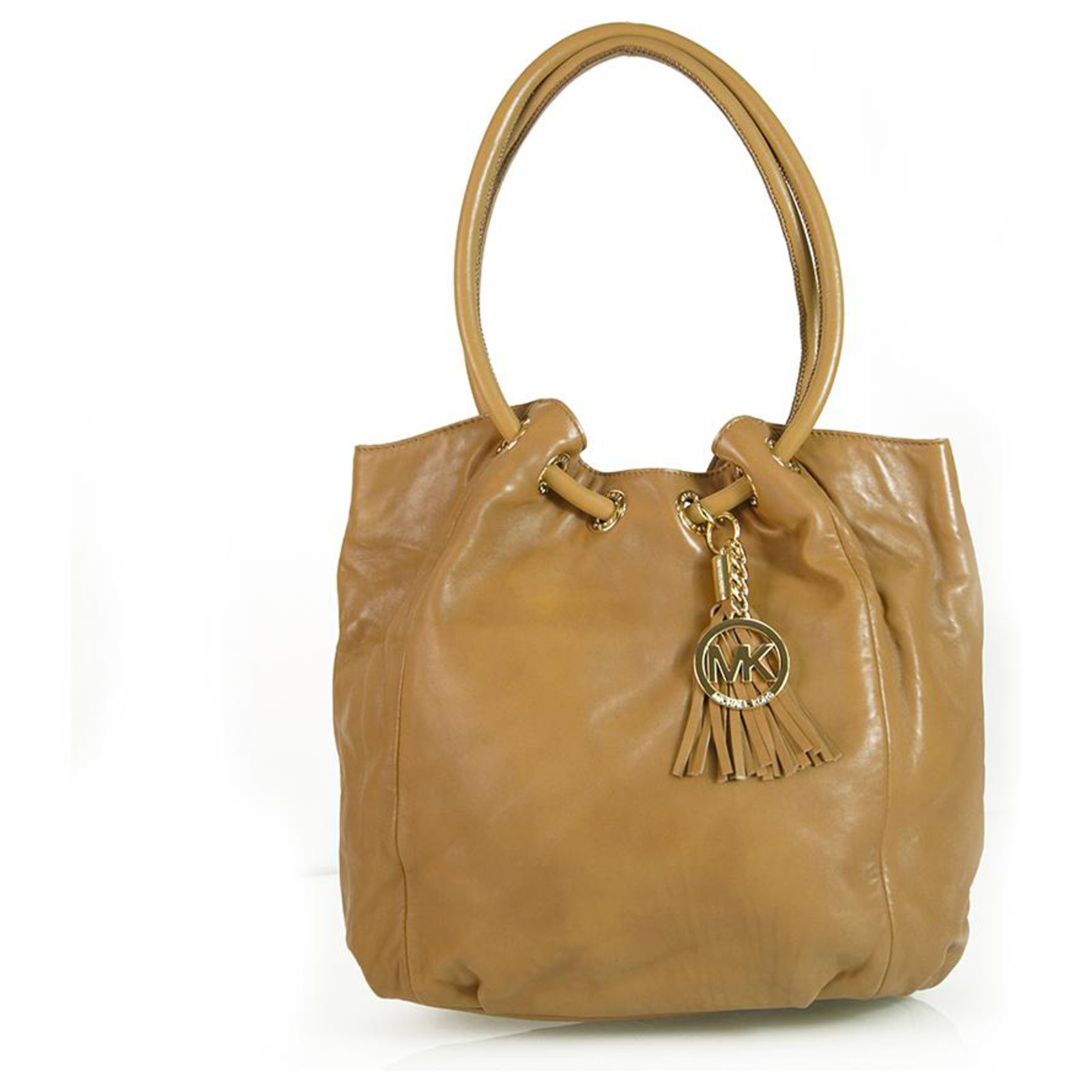 Michael Kors Beige Shiny Leather Round Handles Hobo Handbag Shoulder Bag w  Charm Brown  - Joli Closet