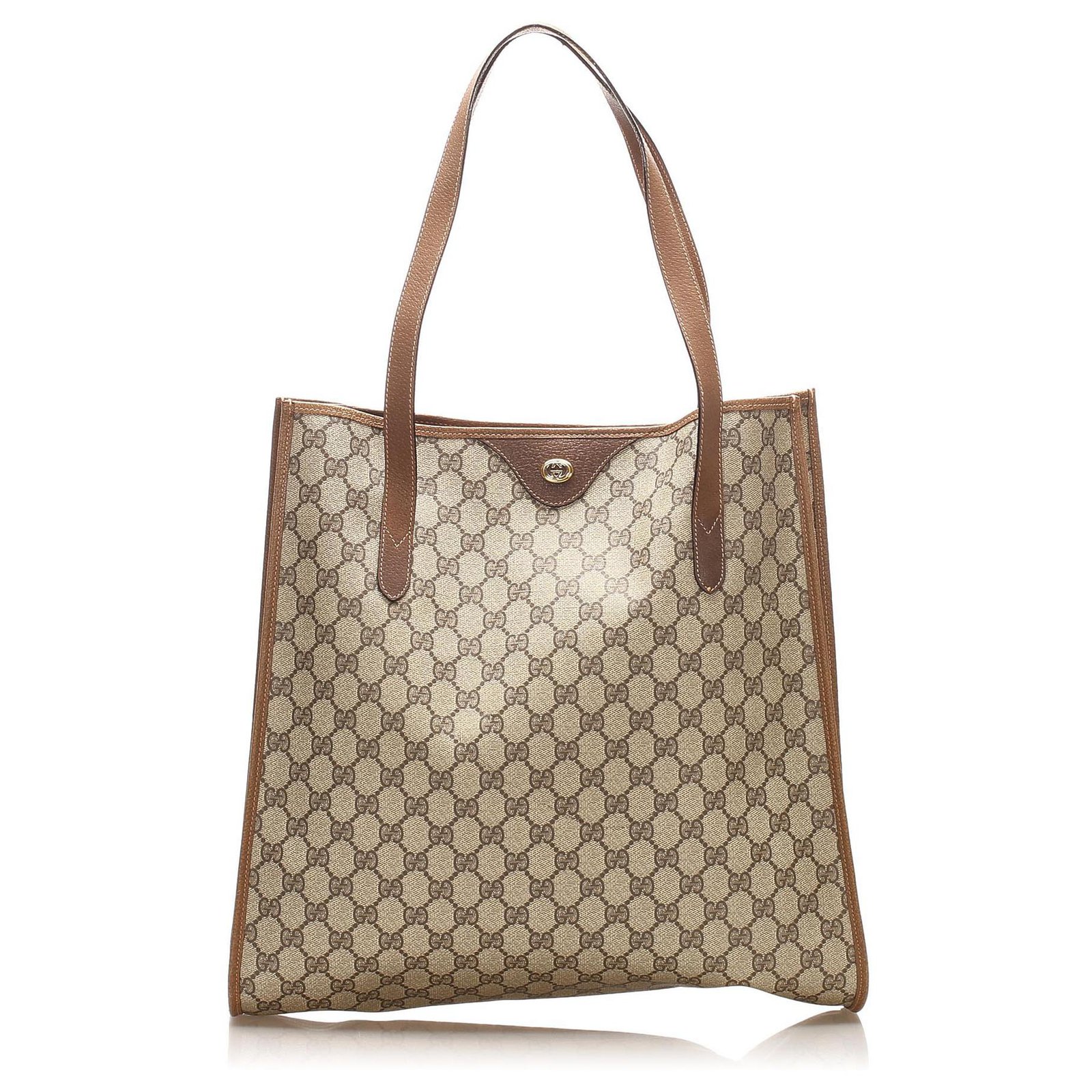 Gucci Brown GG Supreme Tote Bag Beige Leather Cloth Pony-style calfskin ...