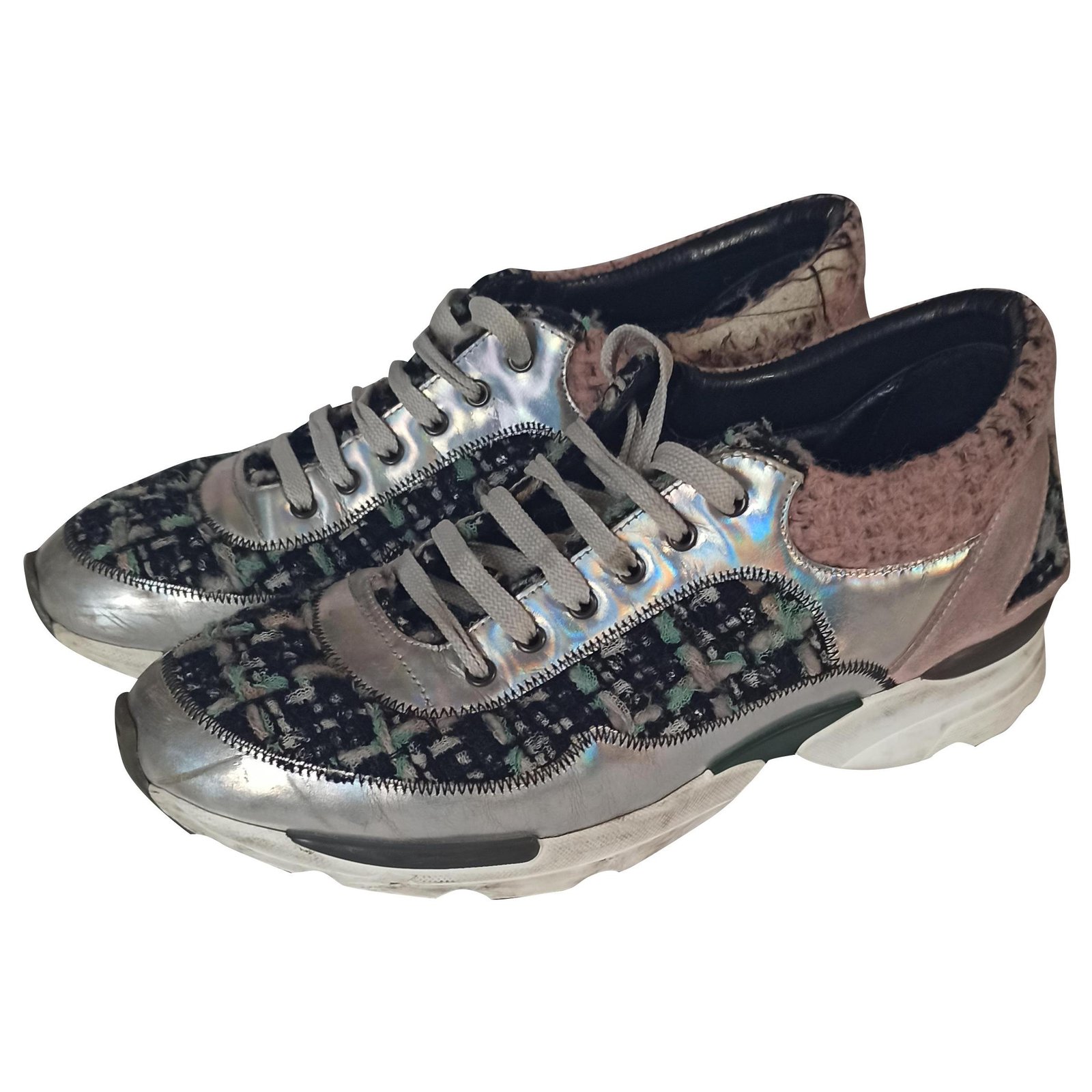 TWO PAIRS OF MULTICOLORED TWEED AND GREEN LEATHER SHOES CHANEL  A  Collection of a Lifetime Chanel Online  Jewellery  Sothebys