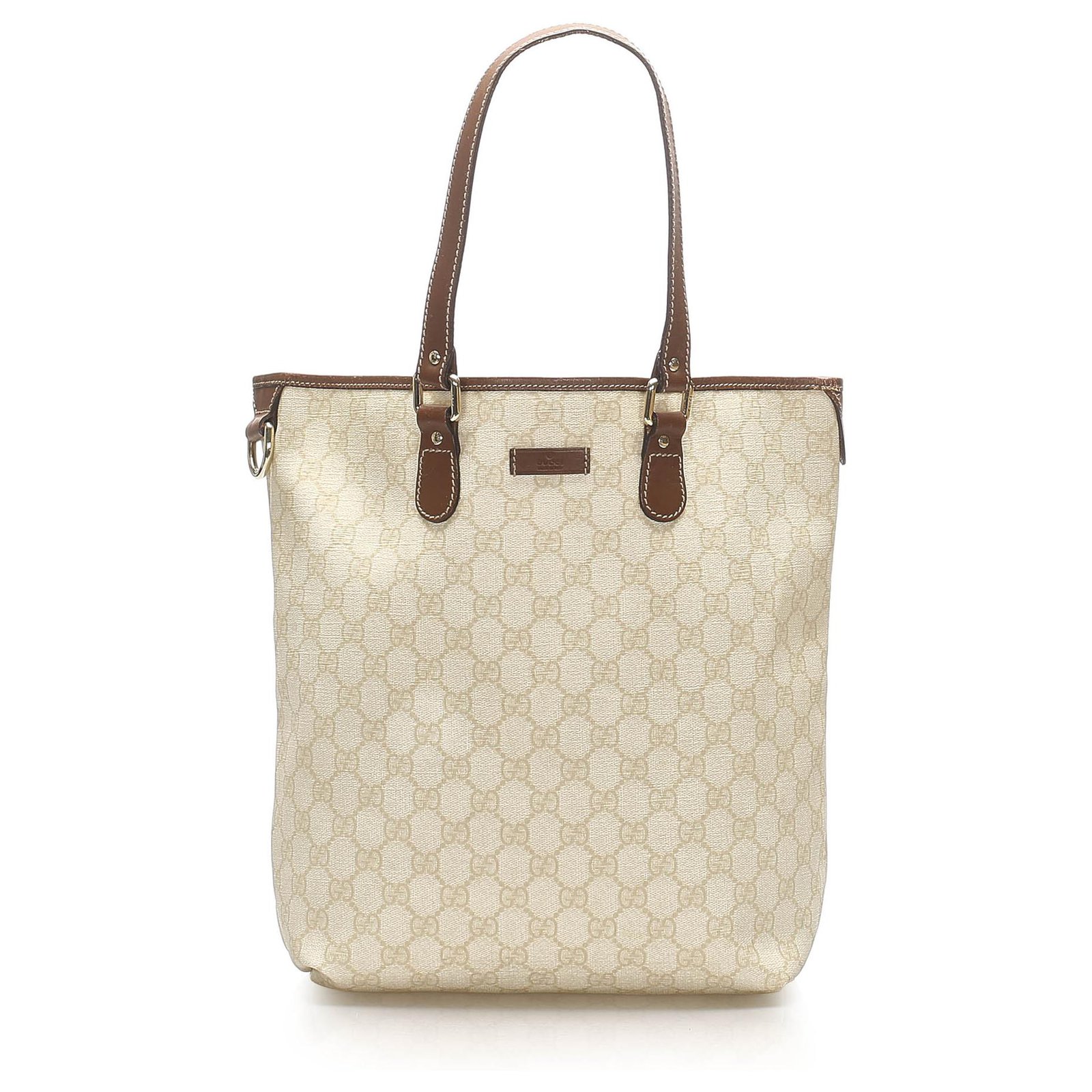 Gucci White GG Supreme Tote Bag Brown Leather Cloth Pony-style