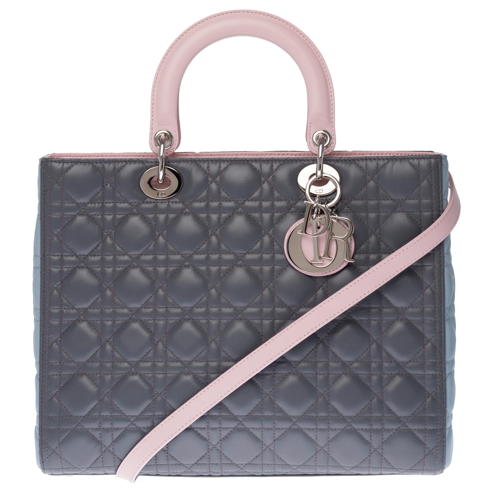 Christian Dior Serie Limitada Lady Dior Modelo Grande Gm En Cuero Caning Tricolor Remolque Gris Rosado Turquesa Guarnicion En Metal Argente Ref 266320 Joli Closet