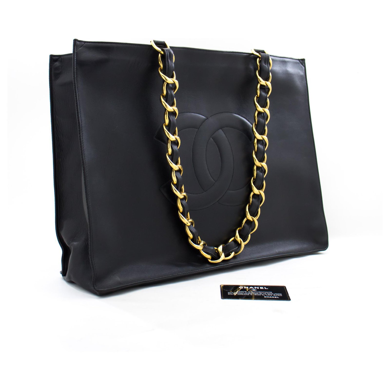 CHANEL Jumbo Large Big Chain Shoulder Bag Black Lambskin Leather