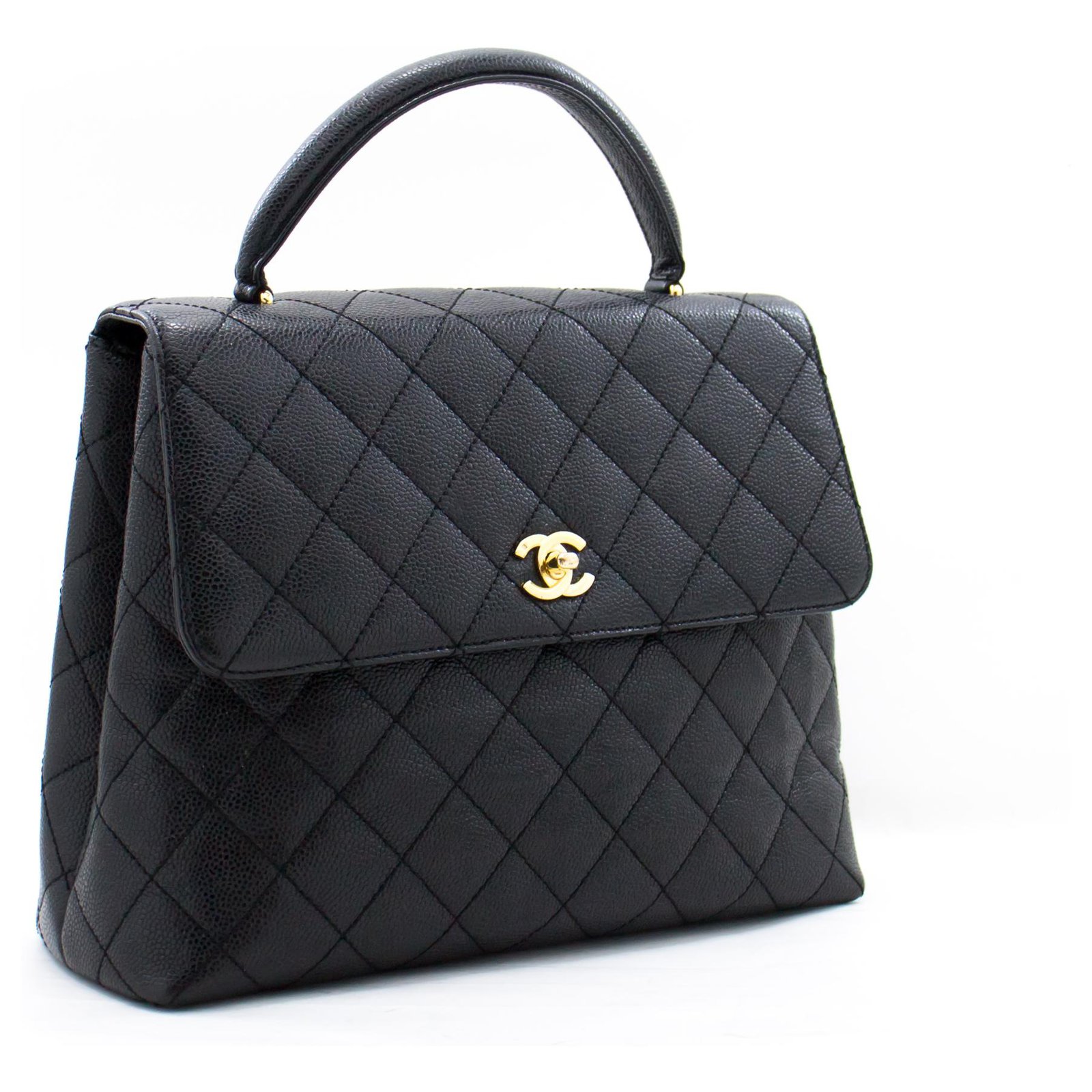 CHANEL Kelly Caviar Handbag Bag Black Flap Leather Gold Hardware