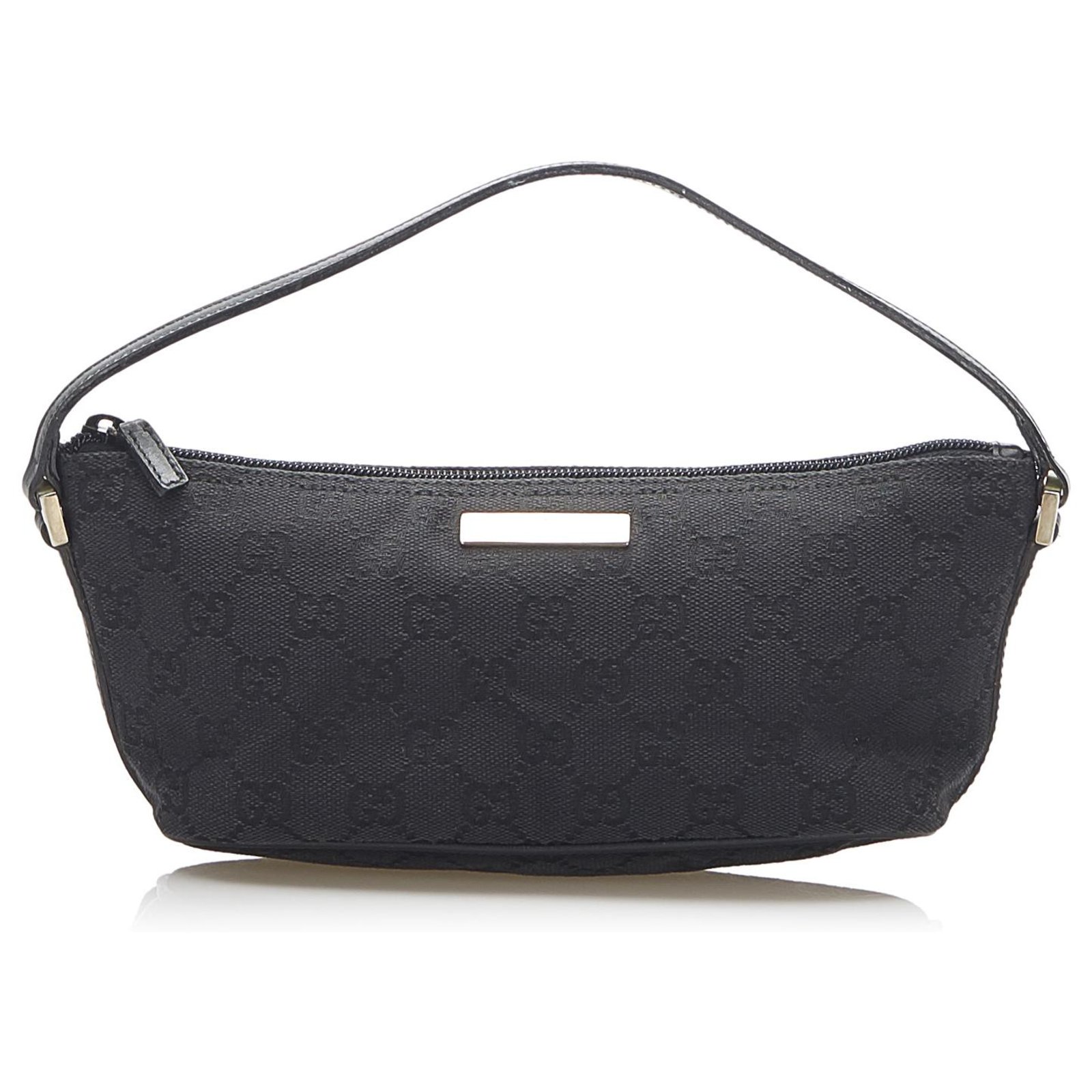 Gucci Black GG Canvas and Leather Baguette Bag