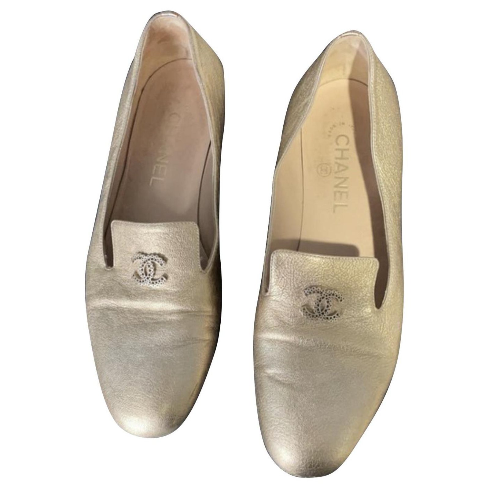 CHANEL 37 Gold Lambskin Braided Mules Slides Clogs Loafers Low