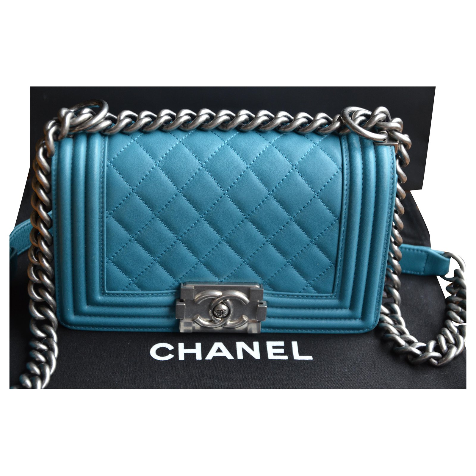 Chanel Boy mini bag Turquoise Silver hardware Leather ref.268737
