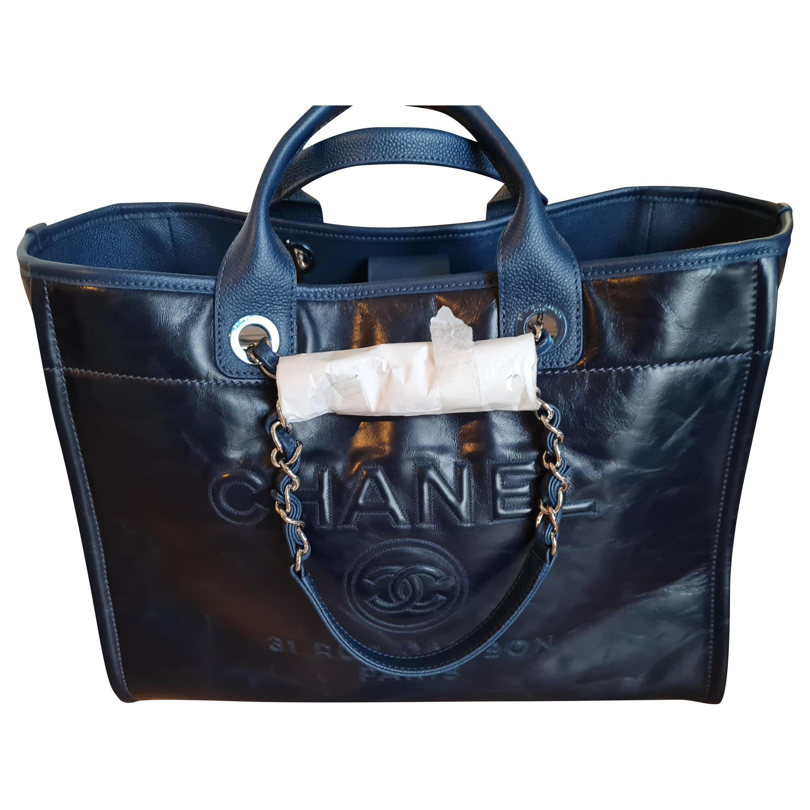 Chanel Deauville Navy blue Silver hardware Leather ref.269261