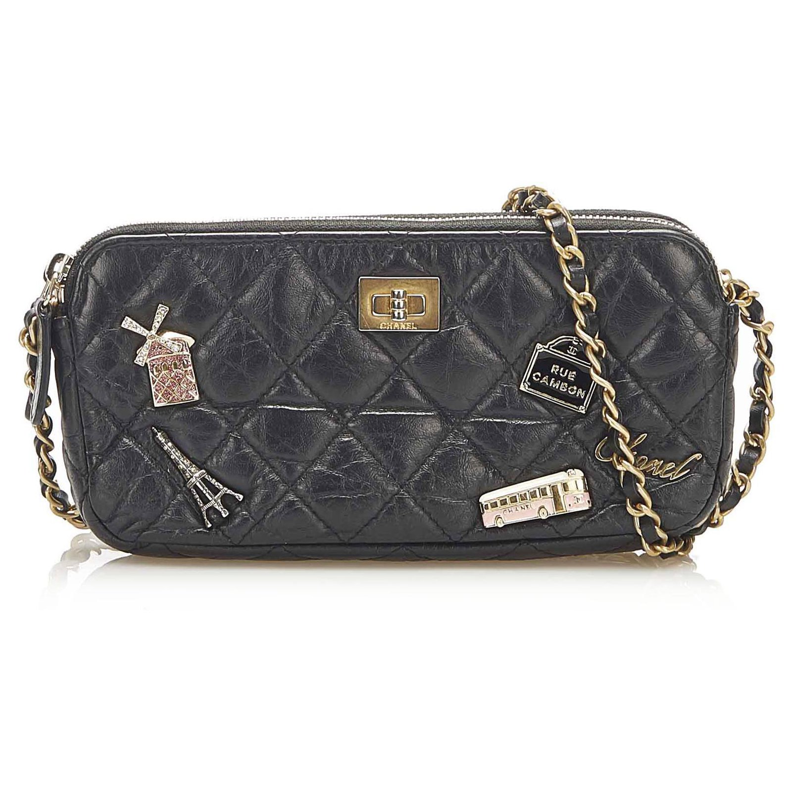 Chanel Black Lucky Charms Mademoiselle Turnlock Timeless Wallet on Chain