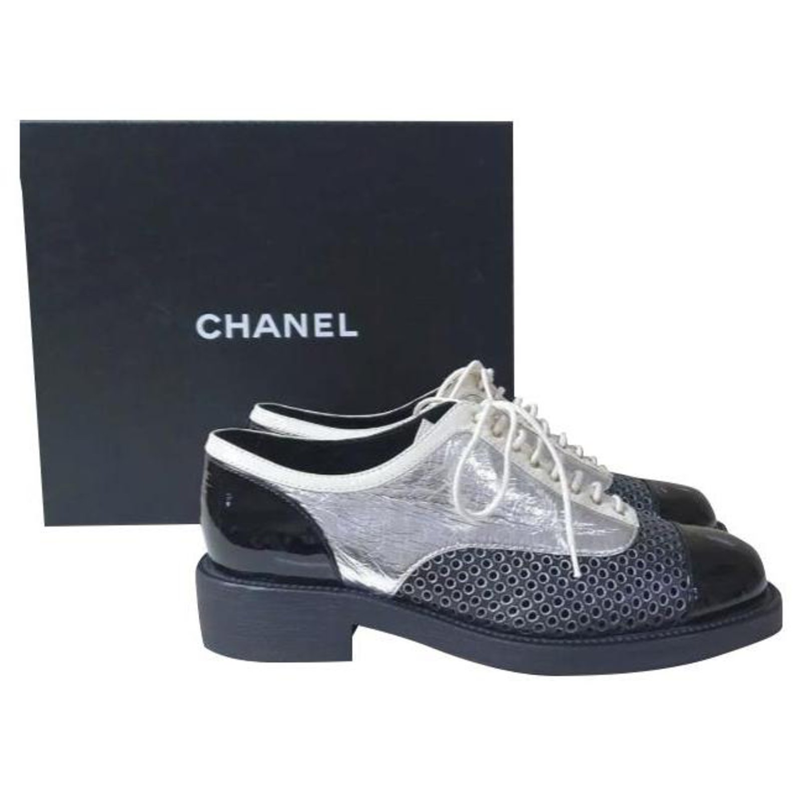 Chanel Gold Silver Black Patent Leather Loafers Shoes Sz 40