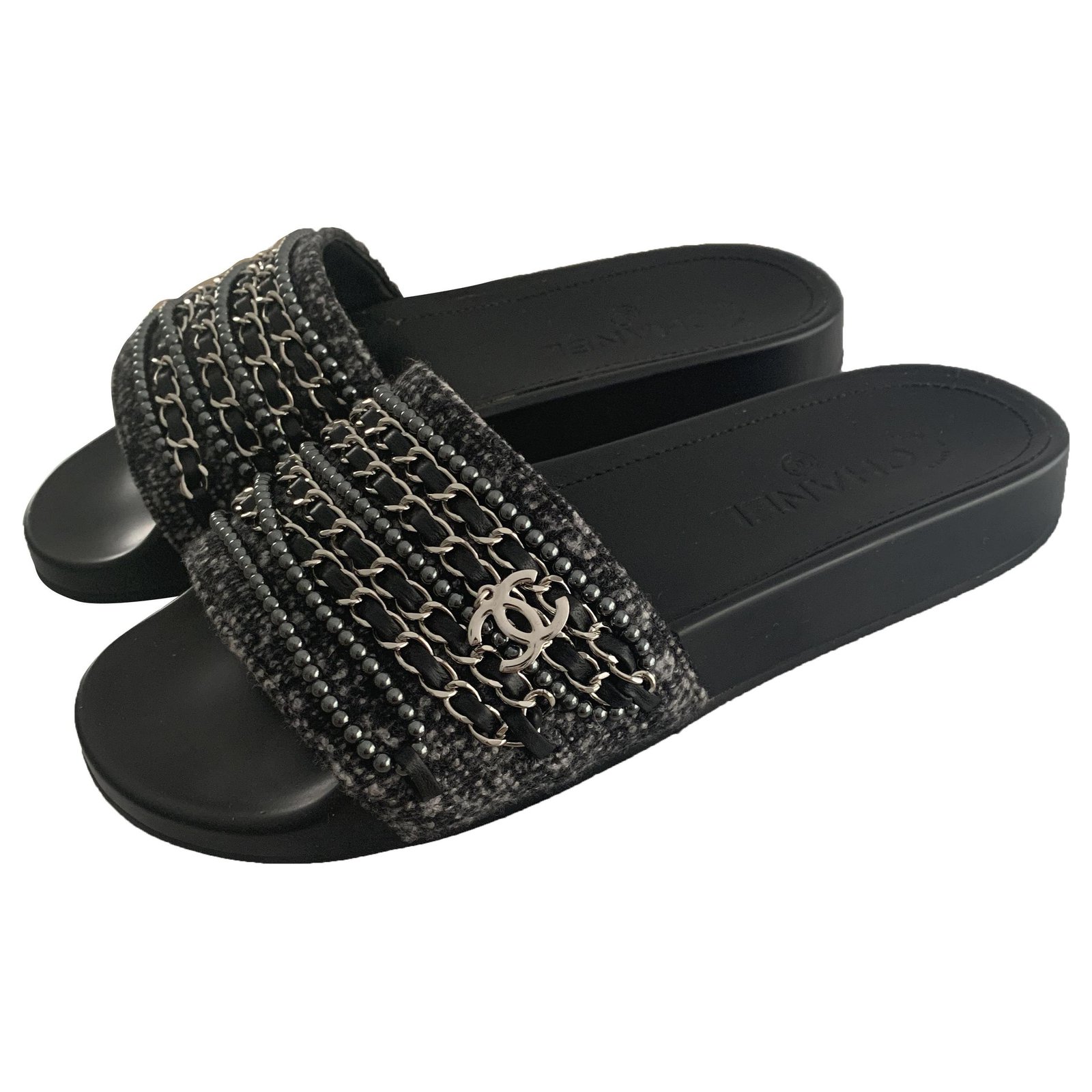 CHANEL Lambskin Quilted CC Mules Sandals 40 Black 1130856
