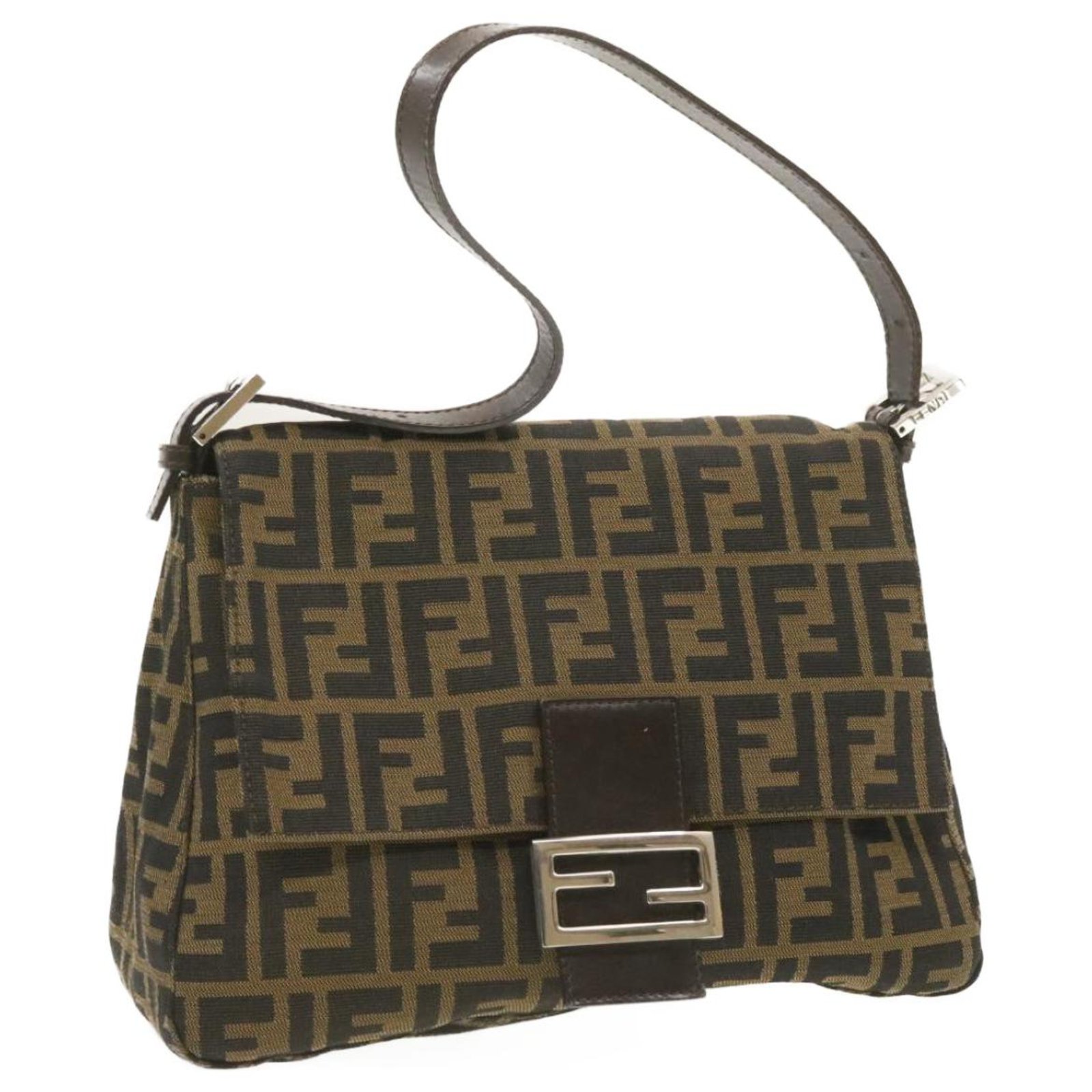 FENDI Zucca Canvas Mamma Baguette Shoulder Bag Black Brown Auth