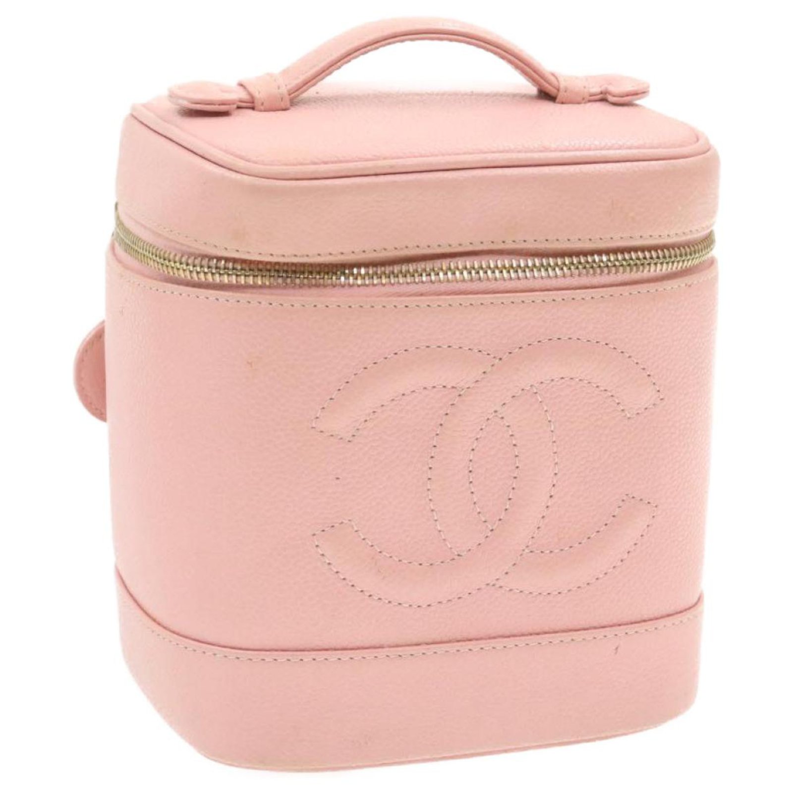 CHANEL Caviar Skin Leather Vanity Cosmetic Pouch Bag Pink Auth